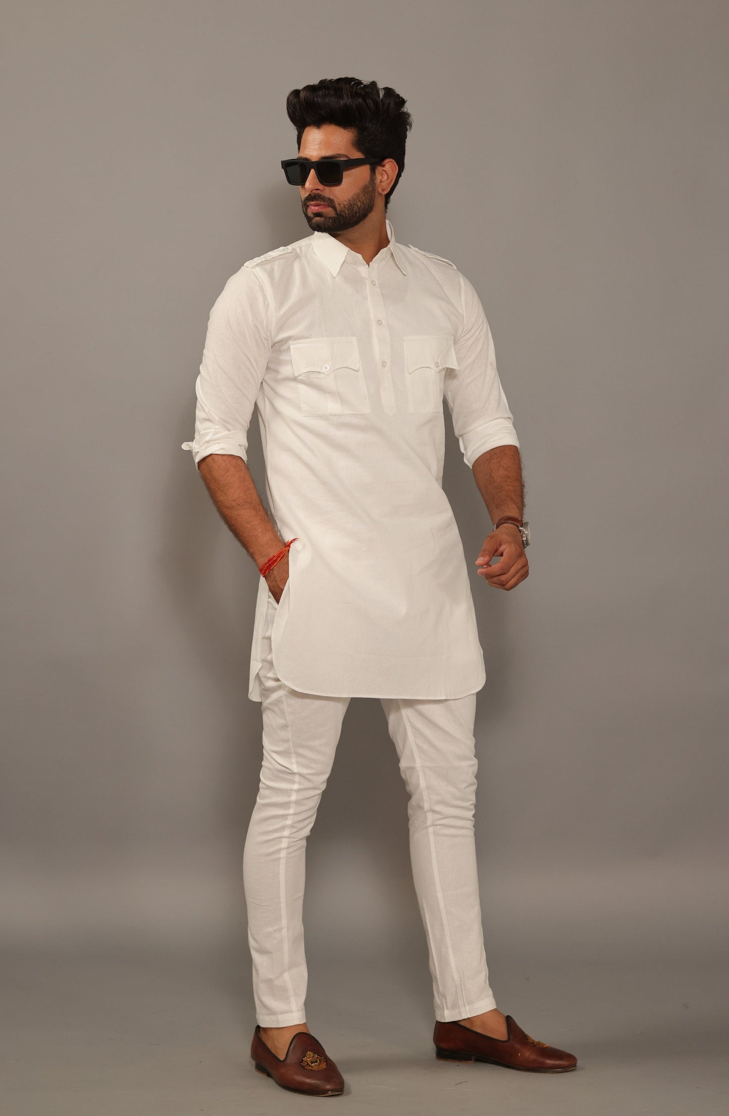 White Color Hunting Short Kurta Pajama