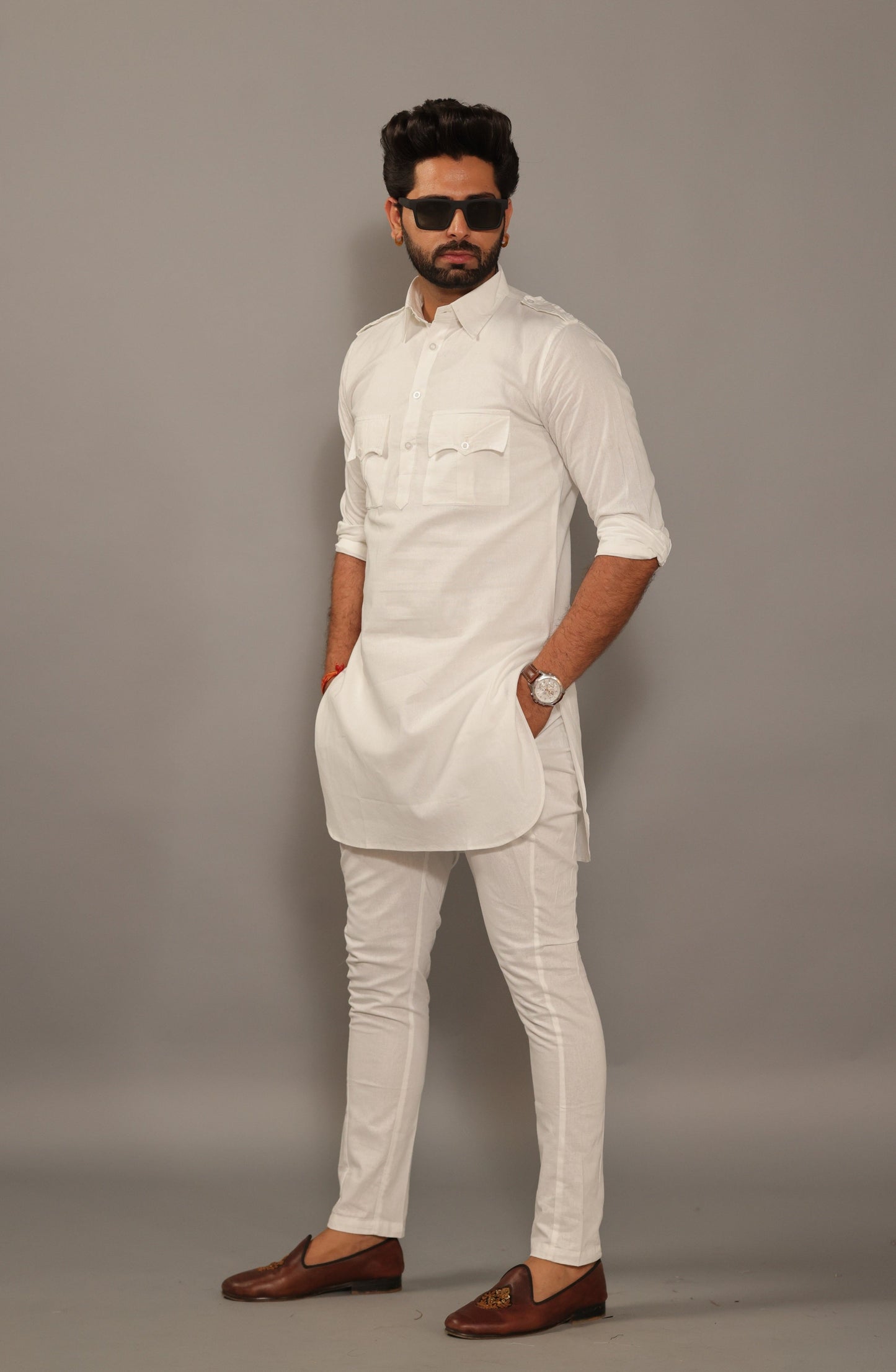 White Color Hunting Short Kurta Pajama