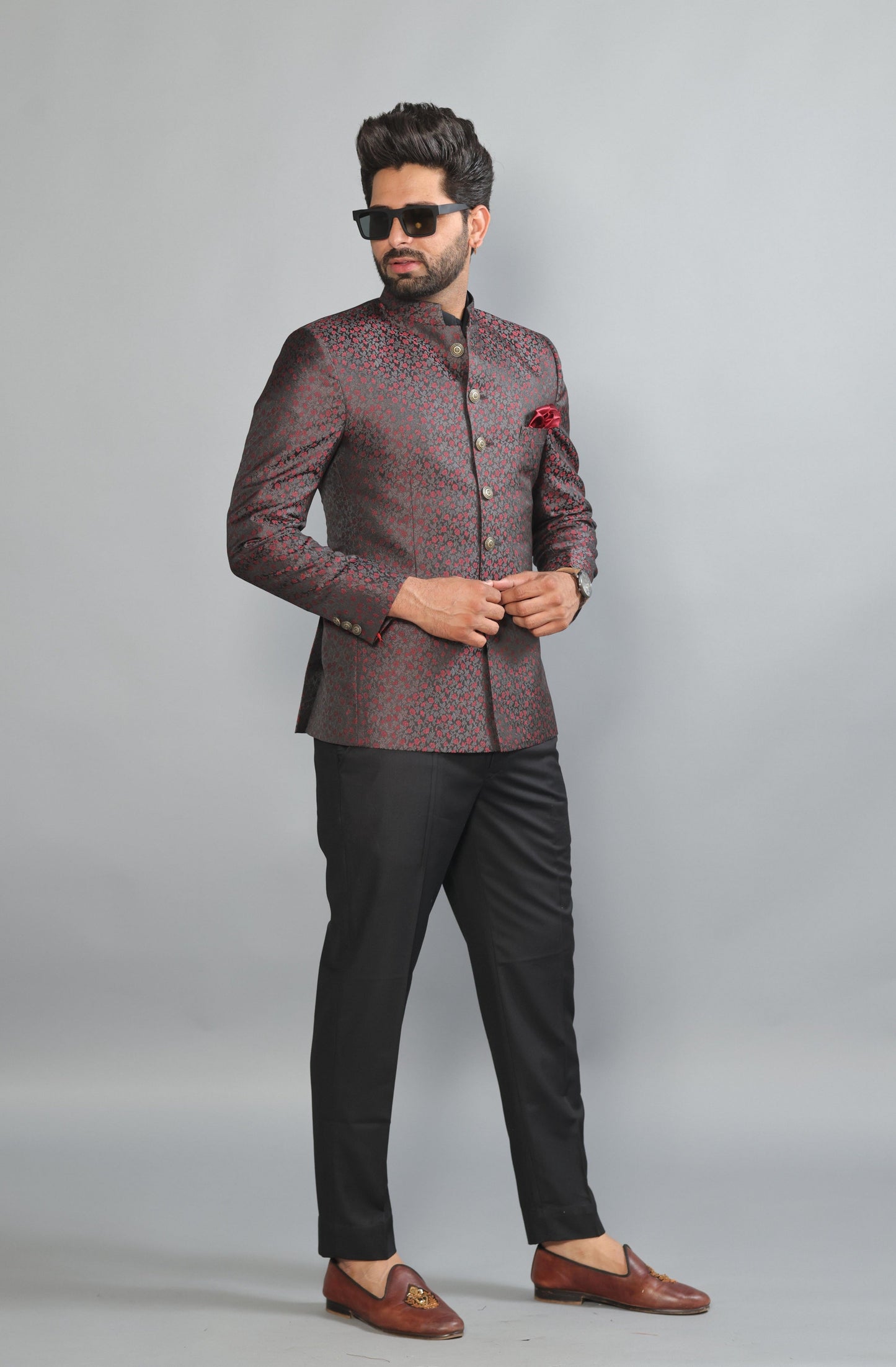 Floral Embroidered Jacquard Jodhpuri Bandhgala with Black Trouser