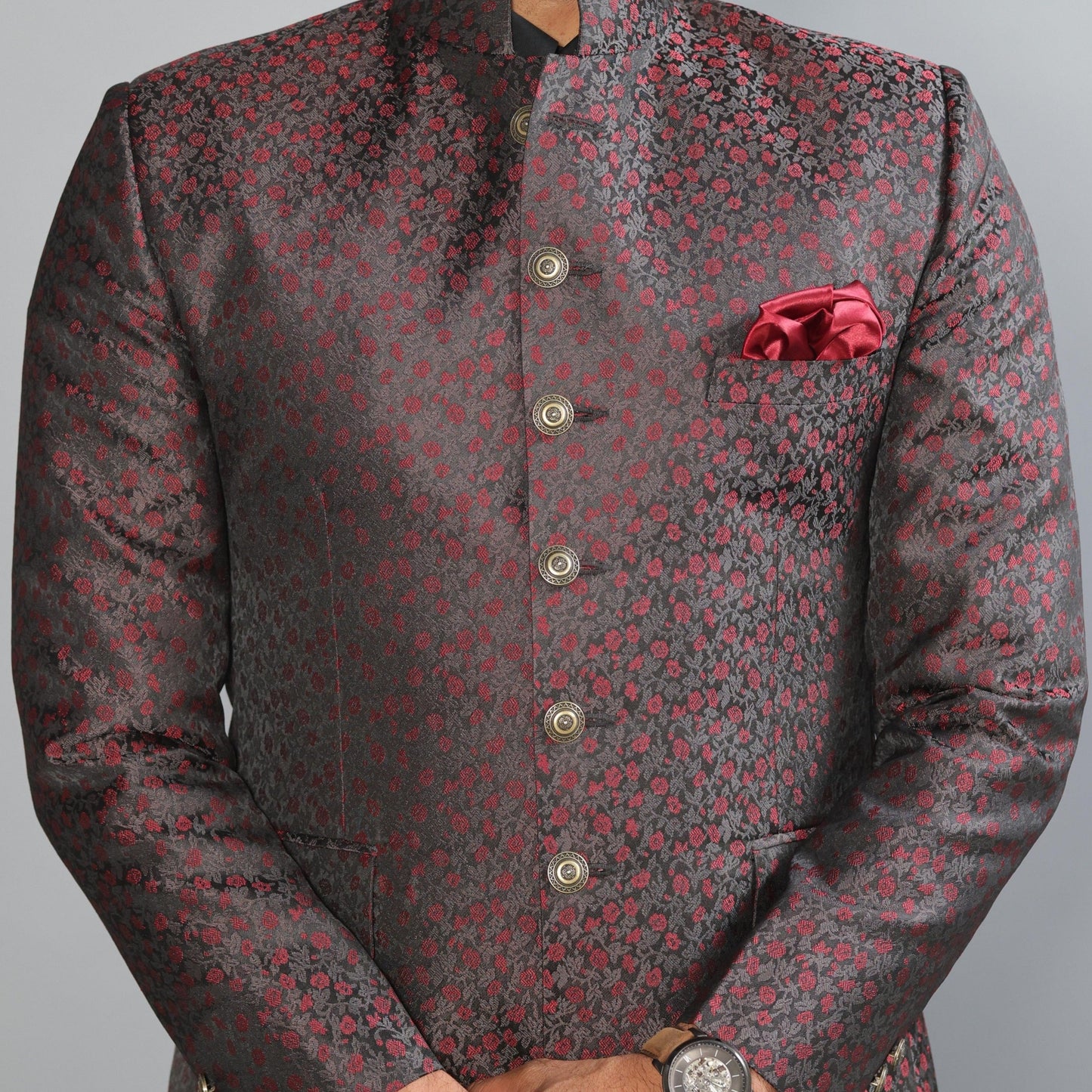 Floral Embroidered Jacquard Jodhpuri Bandhgala with Black Trouser