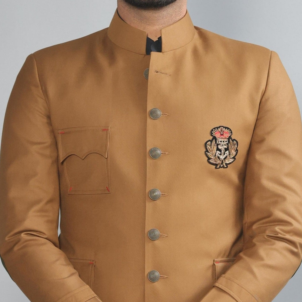 Camel Brown Jodhpuri Bandhgala With Zardozi Embroidered Patch | Black Trouser |