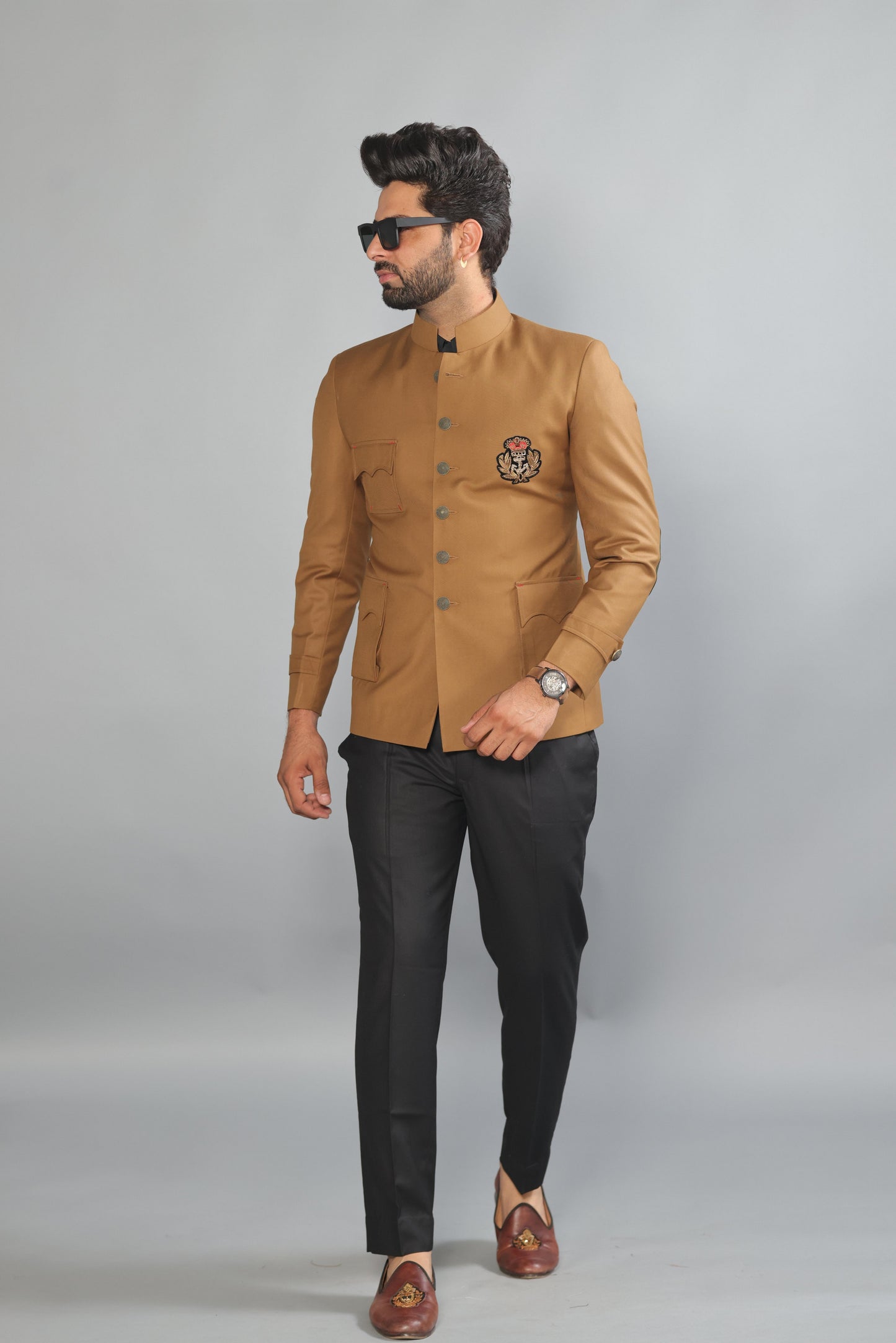 Camel Brown Jodhpuri Bandhgala With Zardozi Embroidered Patch | Black Trouser |