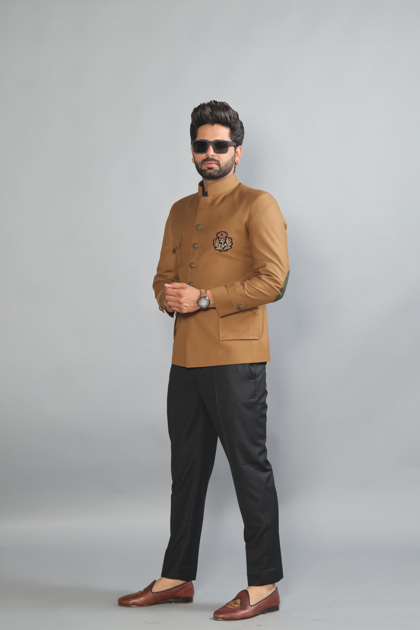 Camel Brown Jodhpuri Bandhgala With Zardozi Embroidered Patch | Black Trouser |