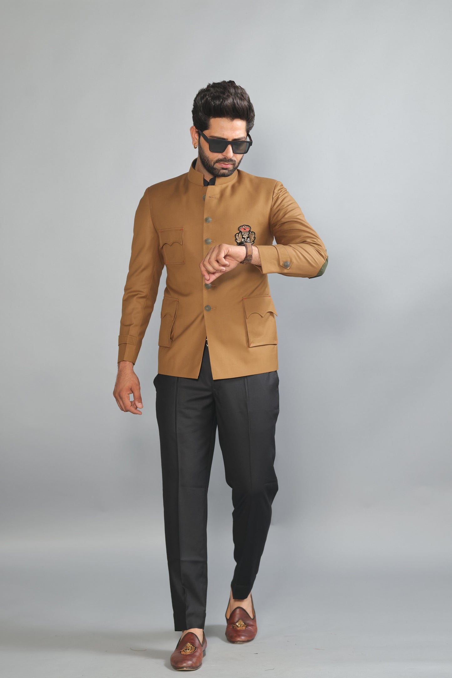 Camel Brown Jodhpuri Bandhgala With Zardozi Embroidered Patch | Black Trouser |