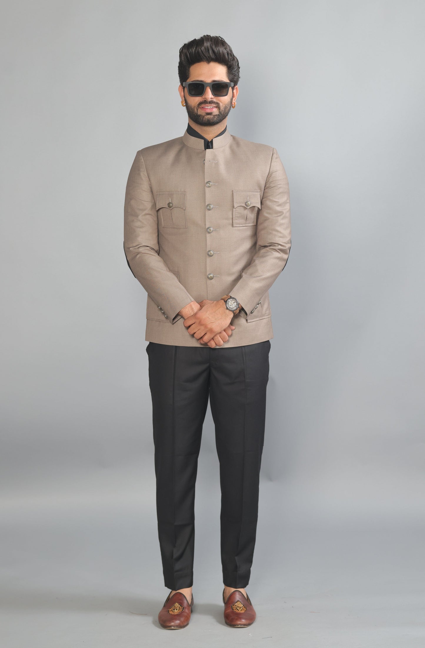Bespoke Mink Brown Jodhpuri Bandhgala Suit For Men | Black Trouser |