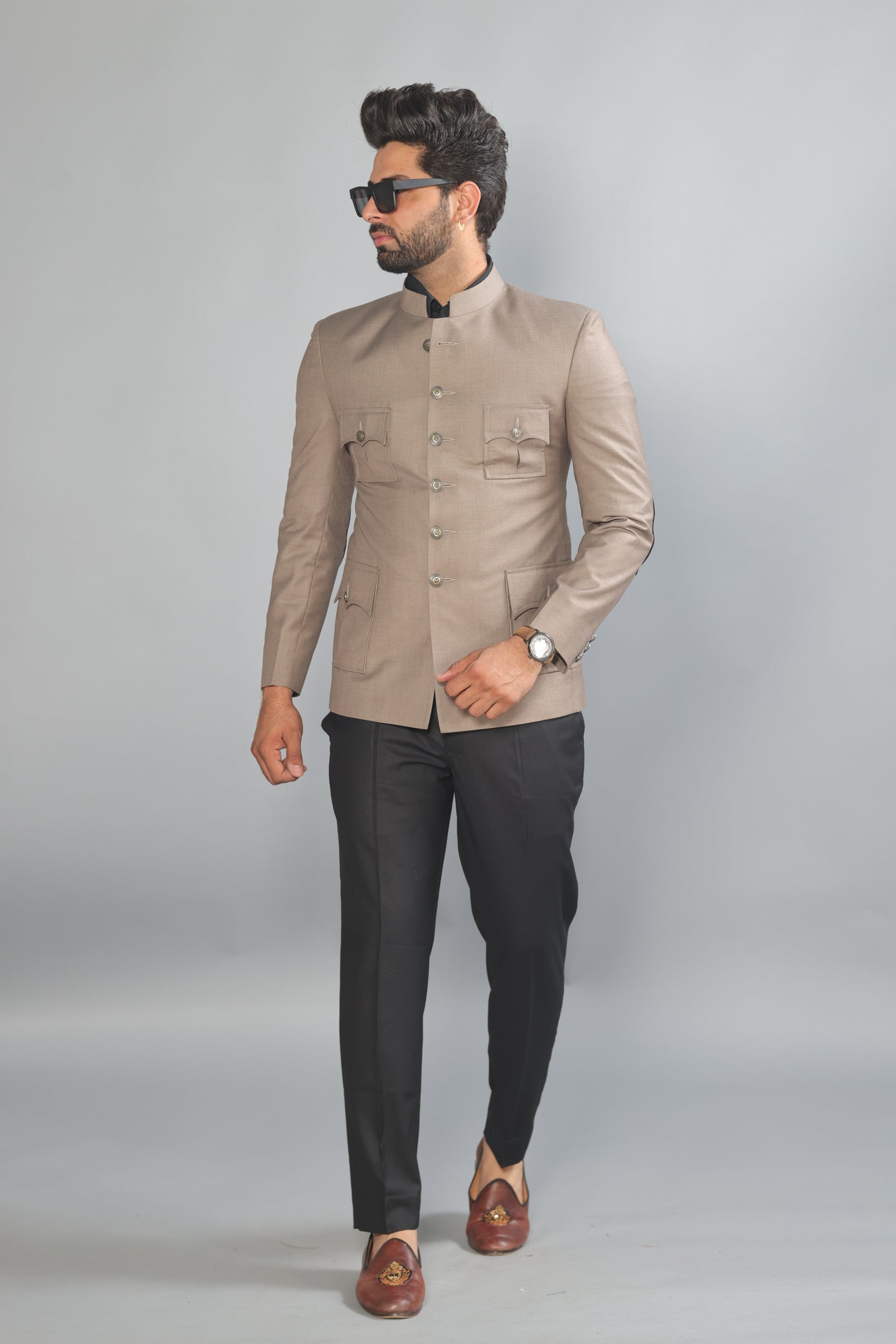 Bespoke Mink Brown Jodhpuri Bandhgala Suit For Men | Black Trouser |