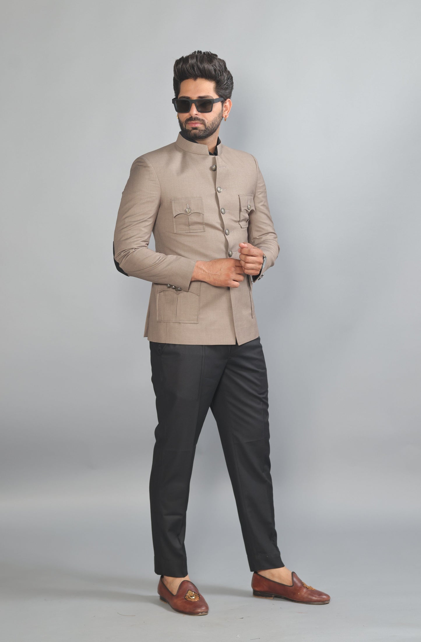 Bespoke Mink Brown Jodhpuri Bandhgala Suit For Men | Black Trouser |