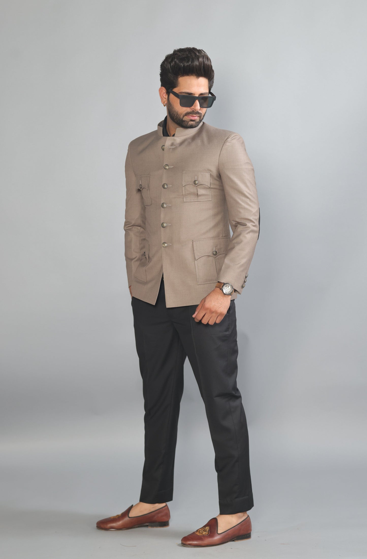 Bespoke Mink Brown Jodhpuri Bandhgala Suit For Men | Black Trouser |