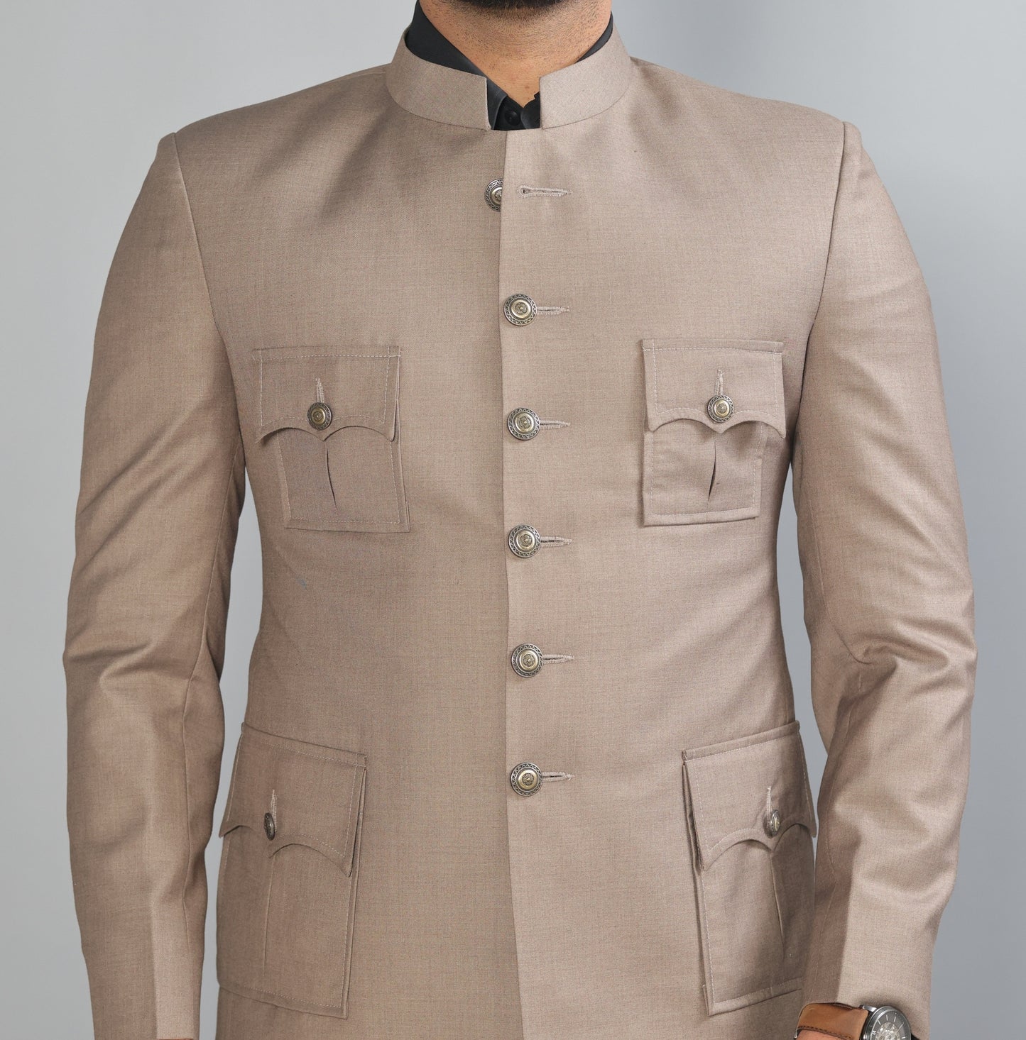 Bespoke Mink Brown Jodhpuri Bandhgala Suit For Men | Black Trouser |