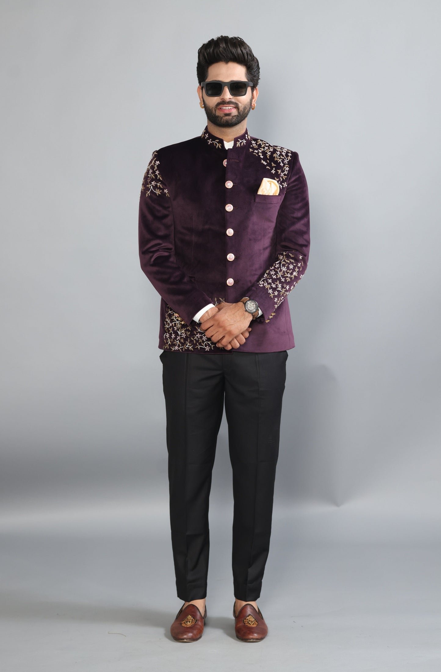 Hand Embroidered Mulberry Velvet Maharaja Jodhpuri Bandhgala Jacket With Handmade Stonework Buttons