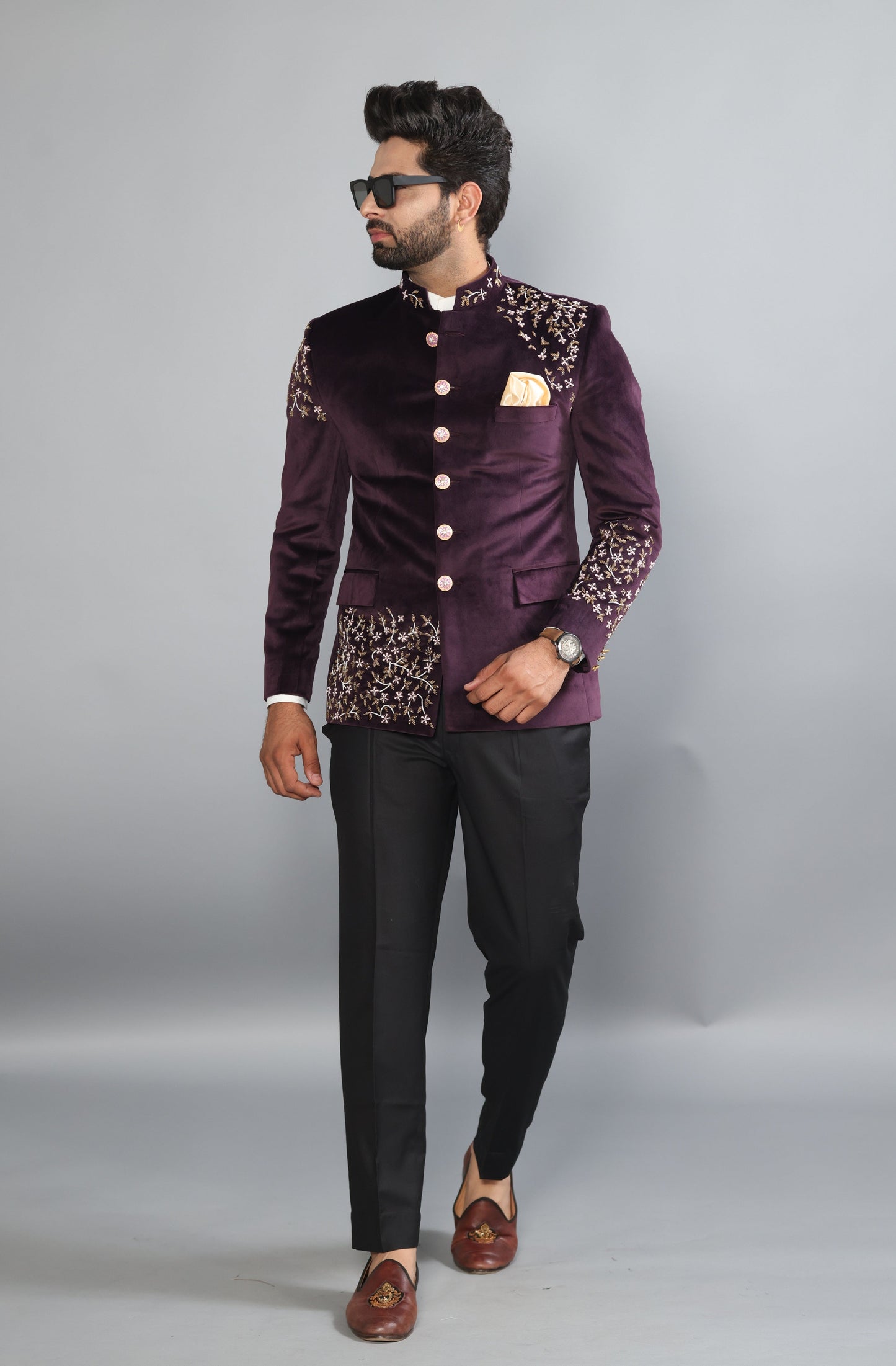 Hand Embroidered Mulberry Velvet Maharaja Jodhpuri Bandhgala Jacket With Handmade Stonework Buttons