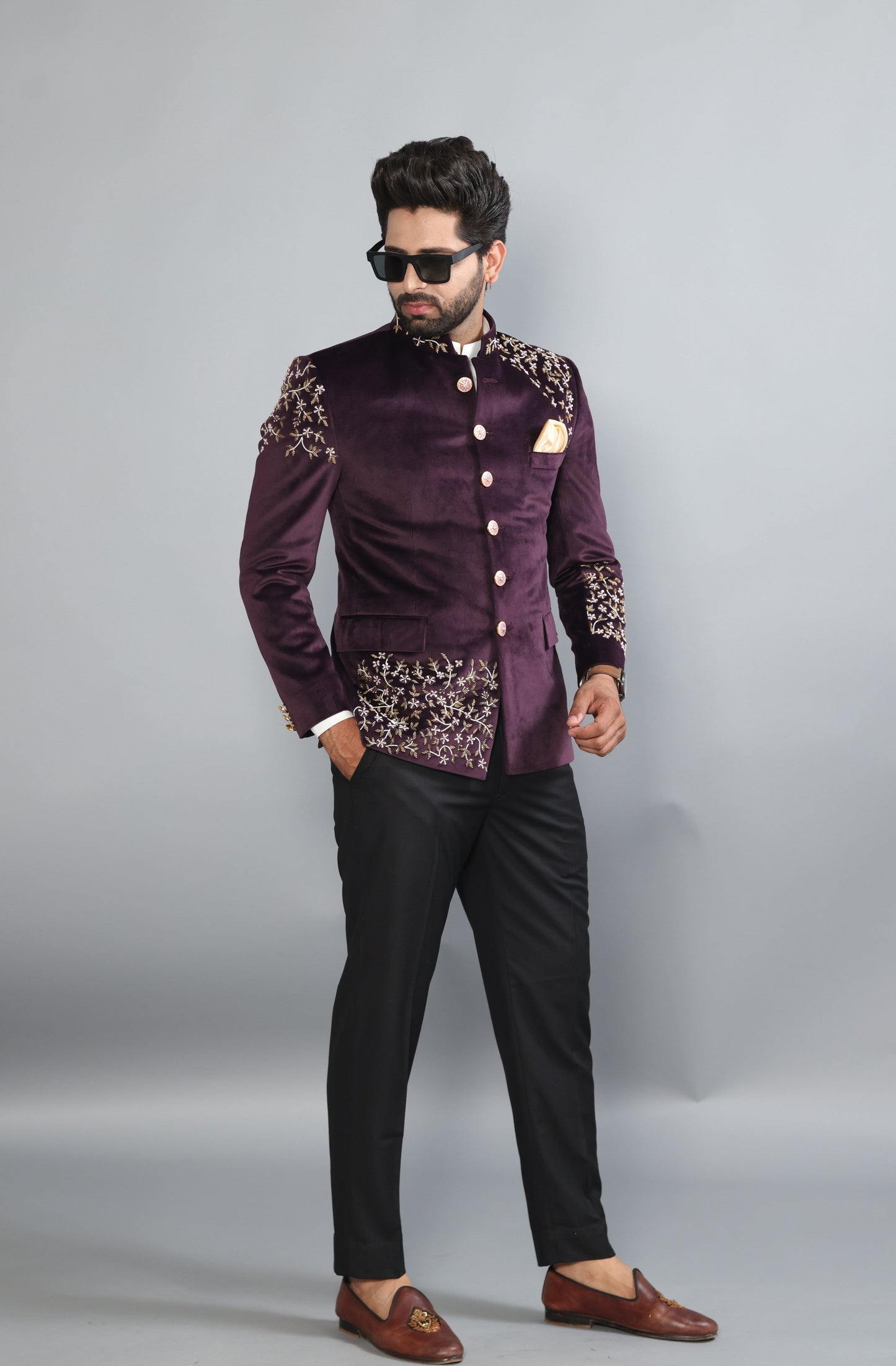 Hand Embroidered Mulberry Velvet Maharaja Jodhpuri Bandhgala Jacket With Handmade Stonework Buttons