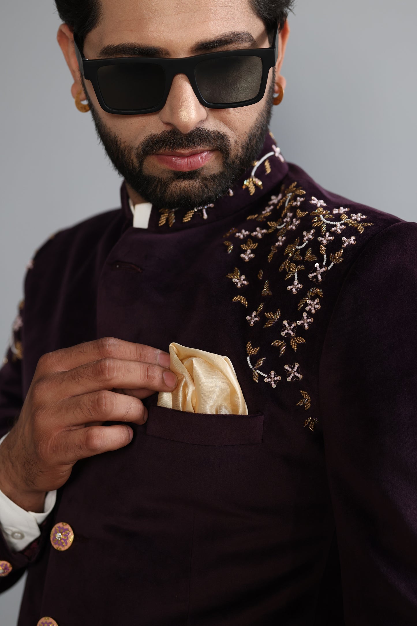 Hand Embroidered Mulberry Velvet Maharaja Jodhpuri Bandhgala Jacket With Handmade Stonework Buttons