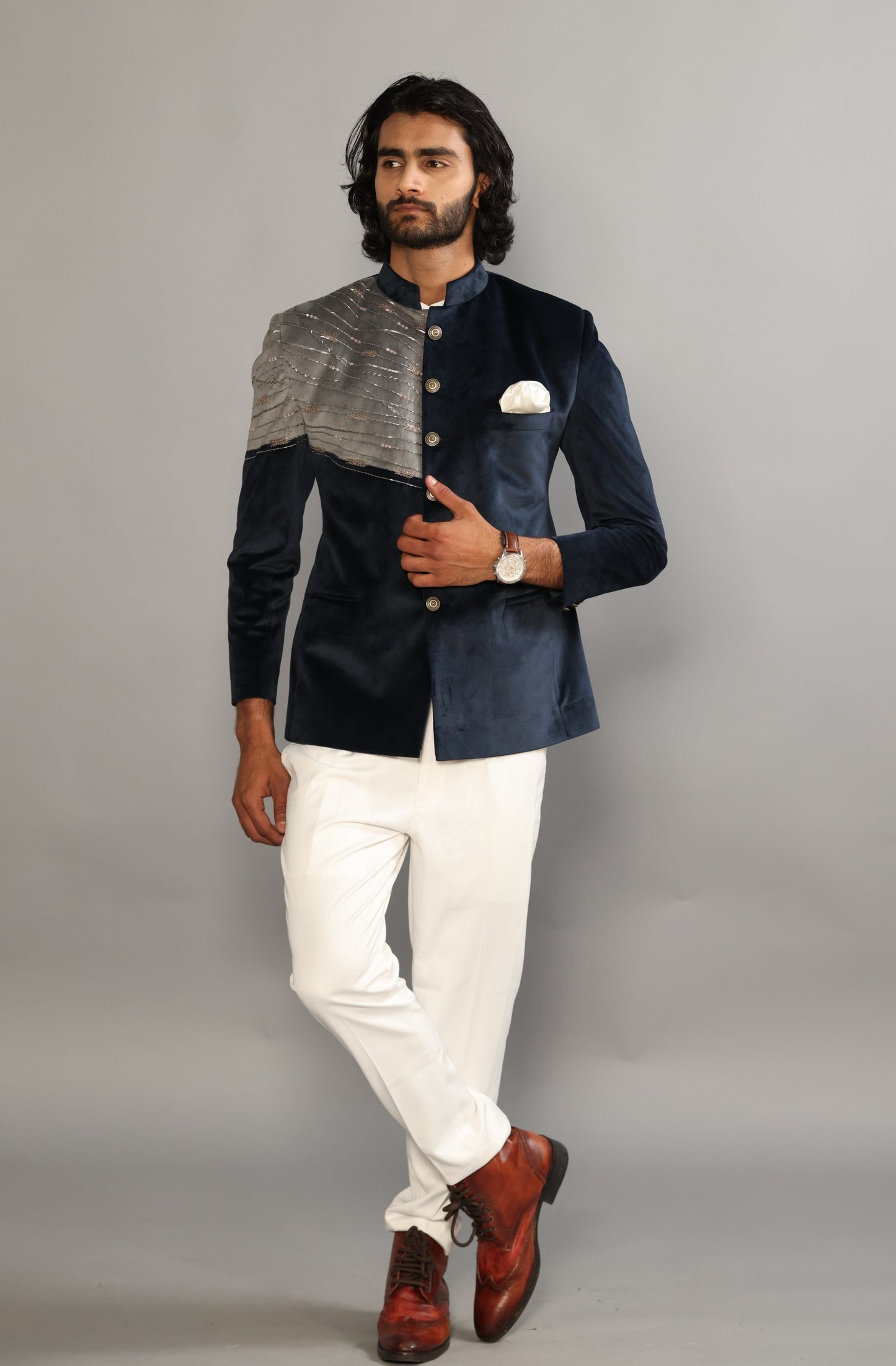 Beautiful Aari Work Royal Navy-Grey Bandhgala in Silky Smooth Velvet Fabric