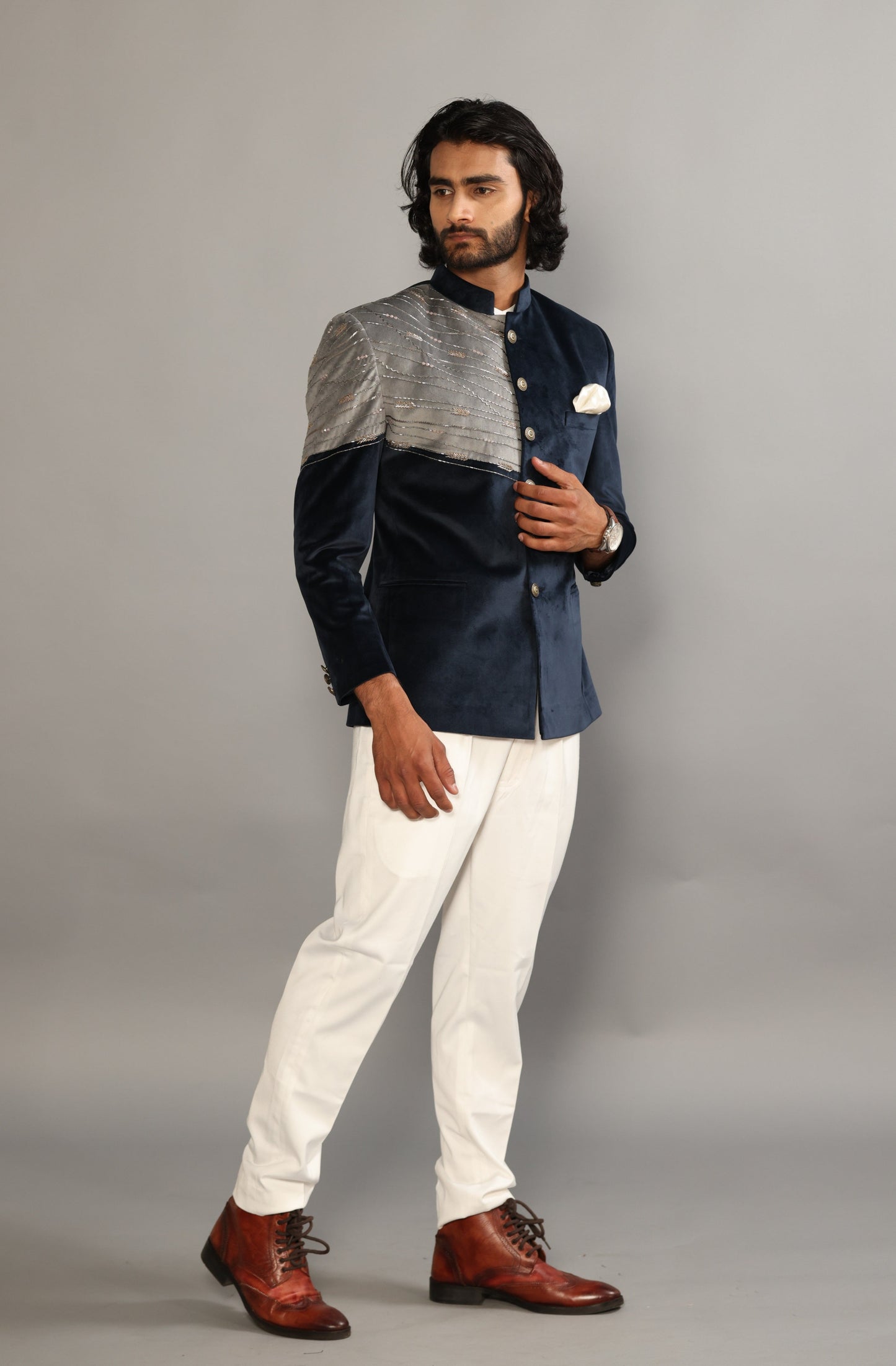 Beautiful Aari Work Royal Navy-Grey Bandhgala in Silky Smooth Velvet Fabric