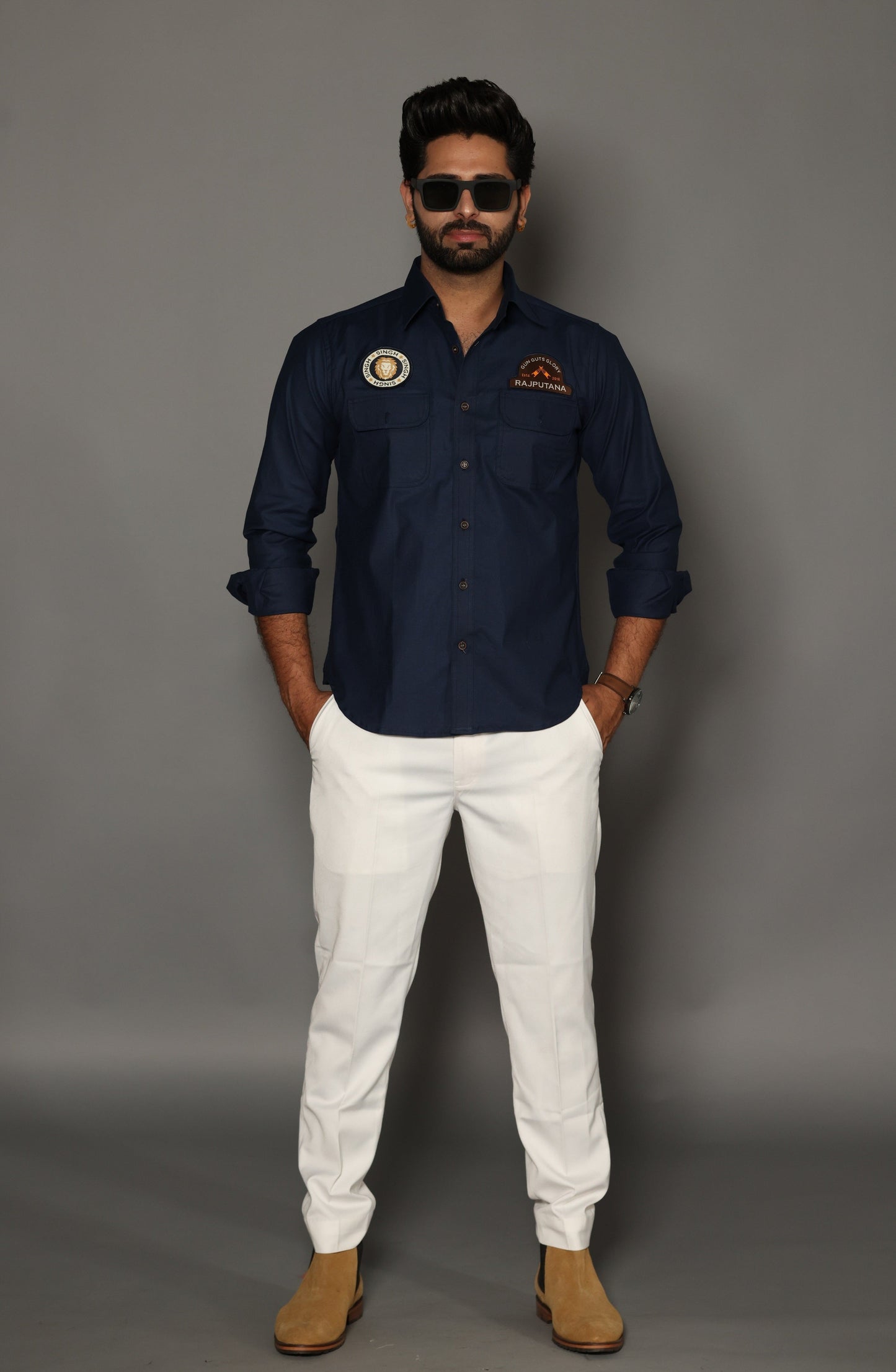 Navy Blue Color Semi Hunting Style Cotton Shirt