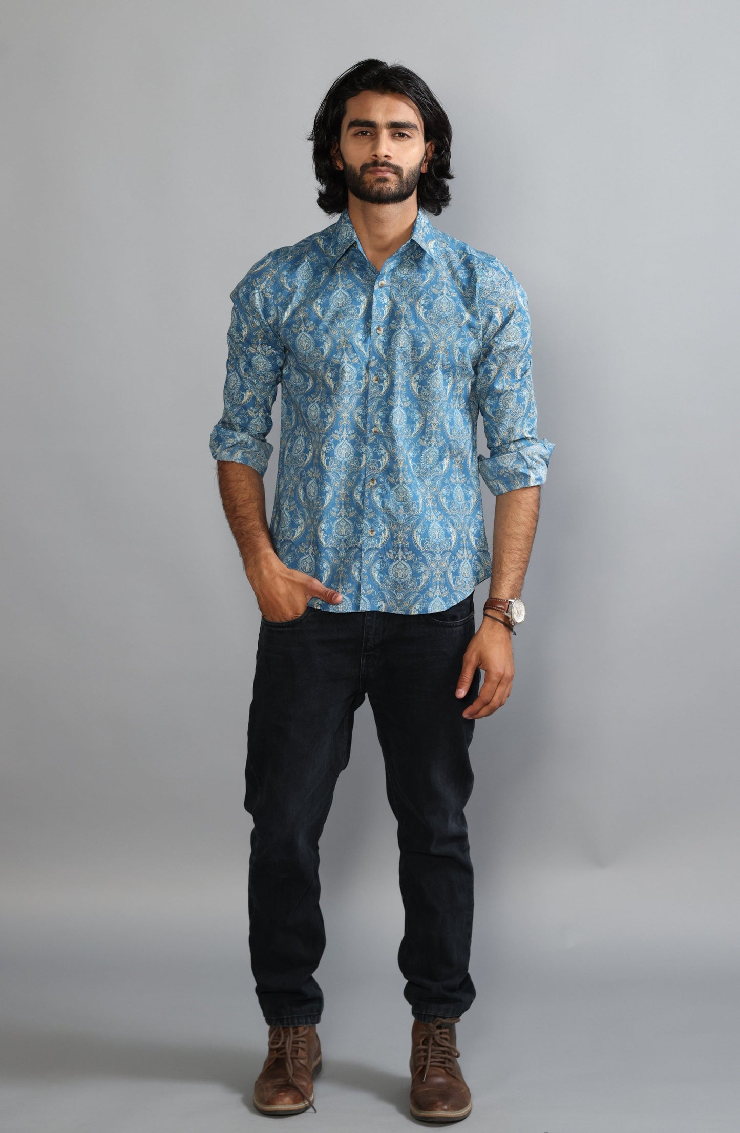 Sanganeri Printed Steel Blue Color Shirt