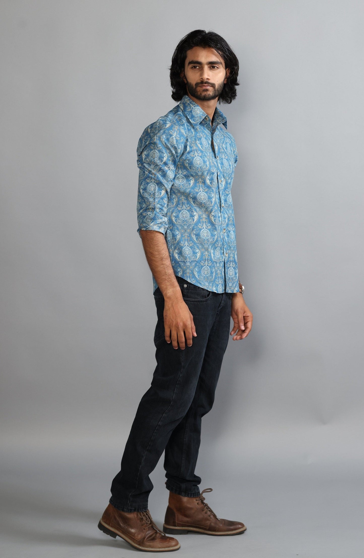 Sanganeri Printed Steel Blue Color Shirt