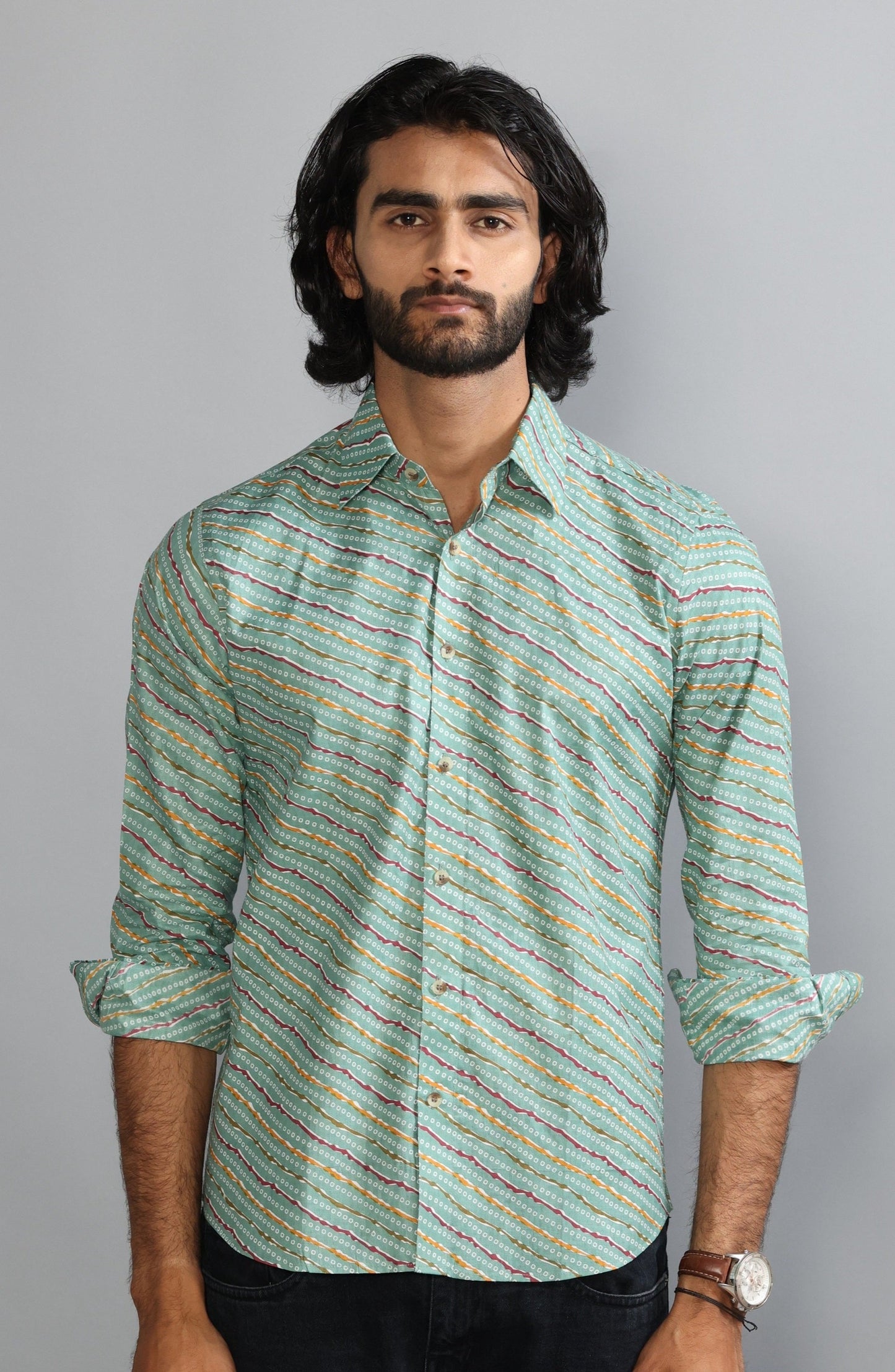 Leheriya Sanganeri Printed Sage Green Shirt