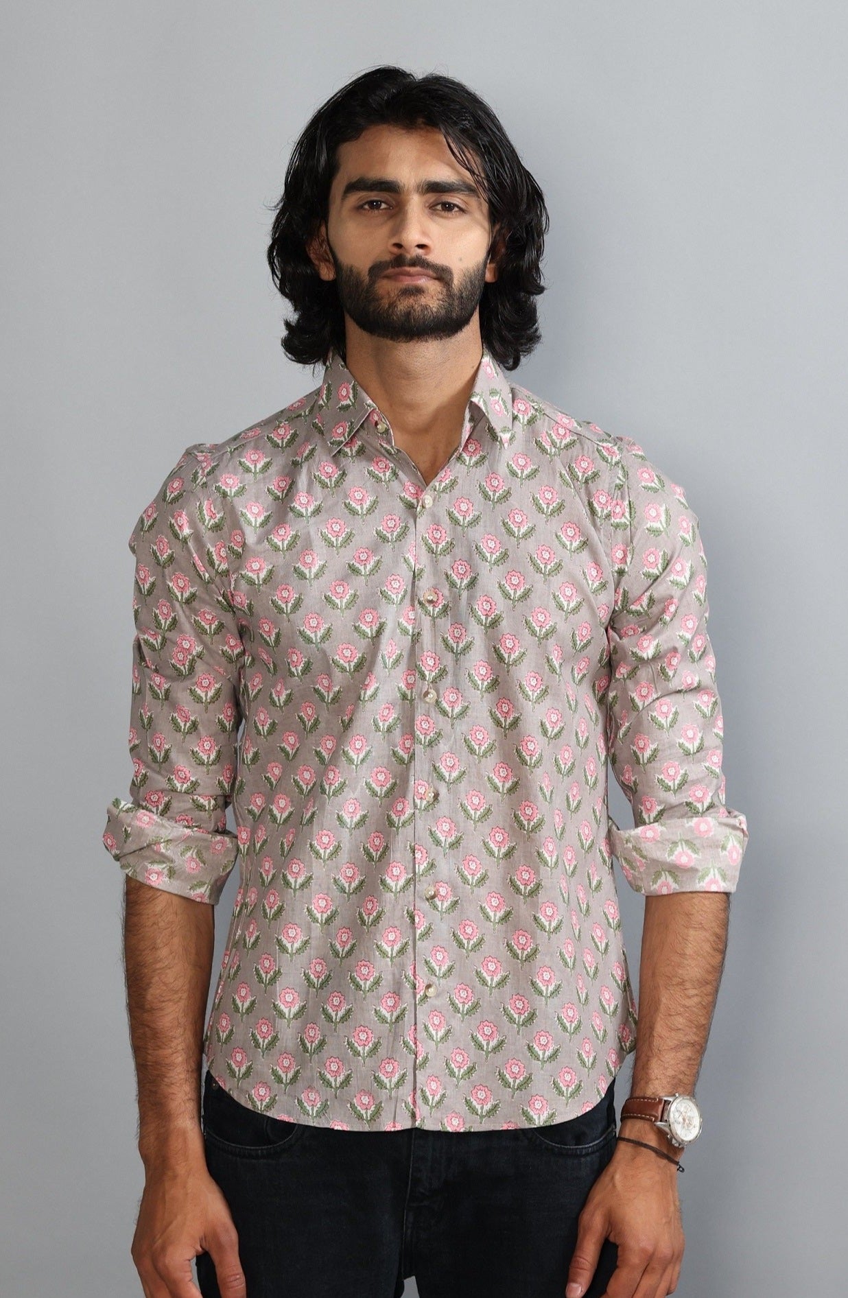Thunder Grey Sanganeri Booti Print Shirt