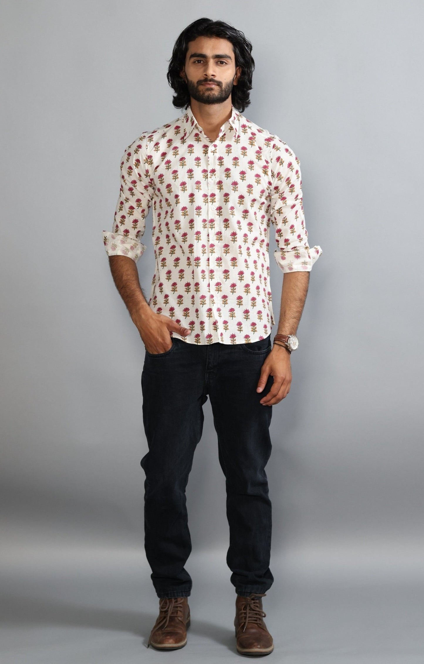 Off White Sanganeri Booti Print Shirt