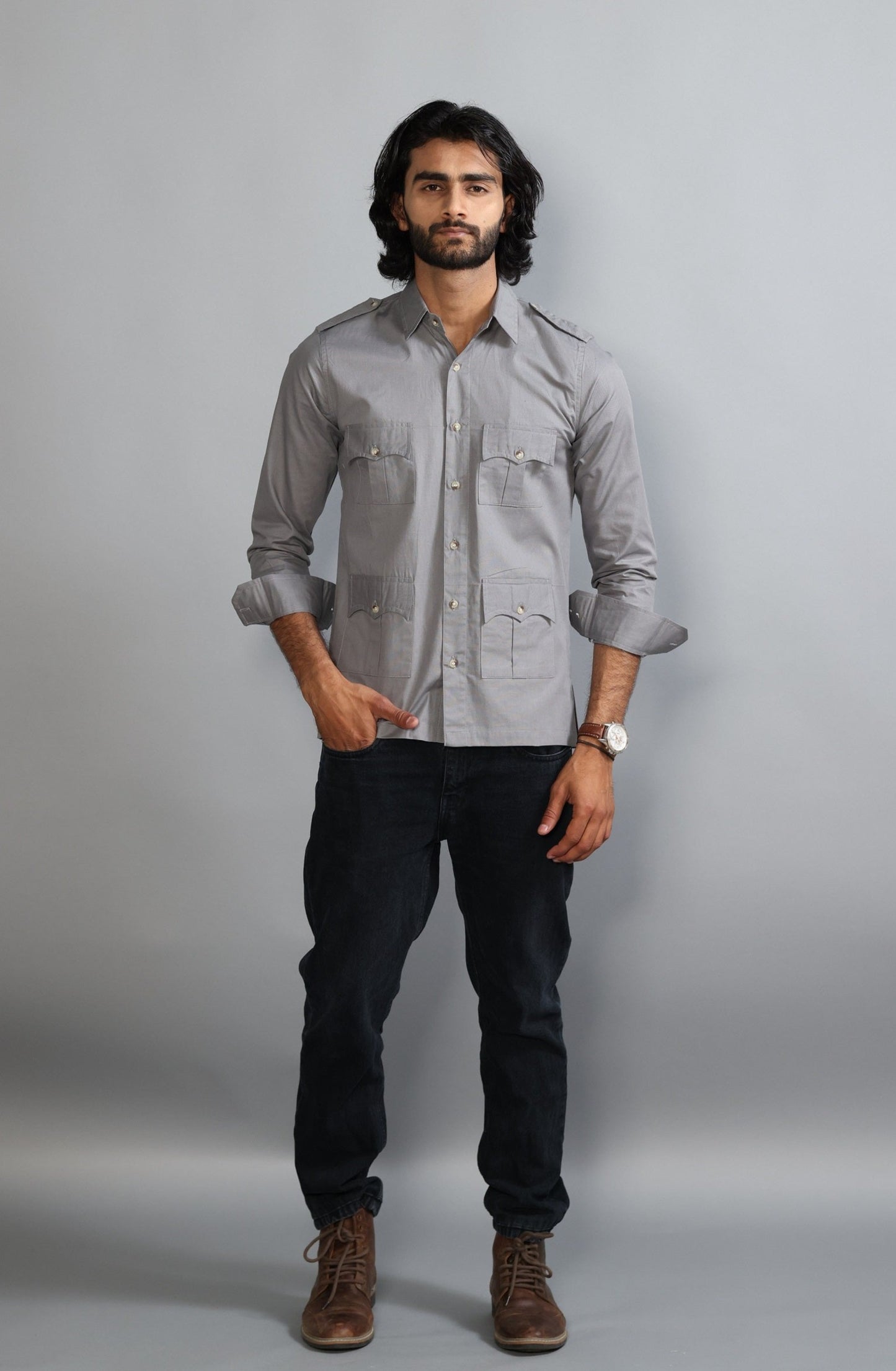 Fossil Grey Color Cotton Hunting Shirt