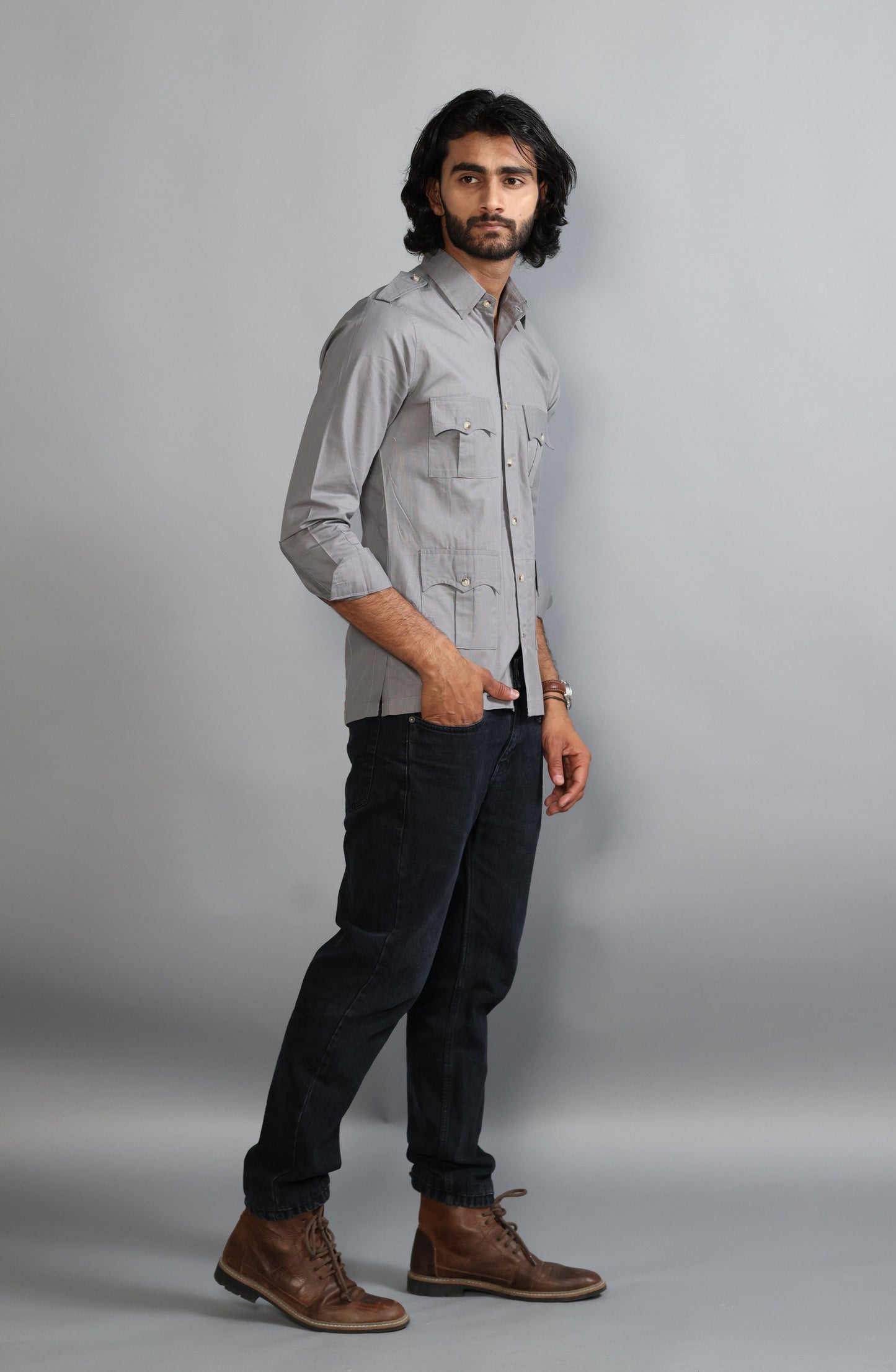 Fossil Grey Color Cotton Hunting Shirt