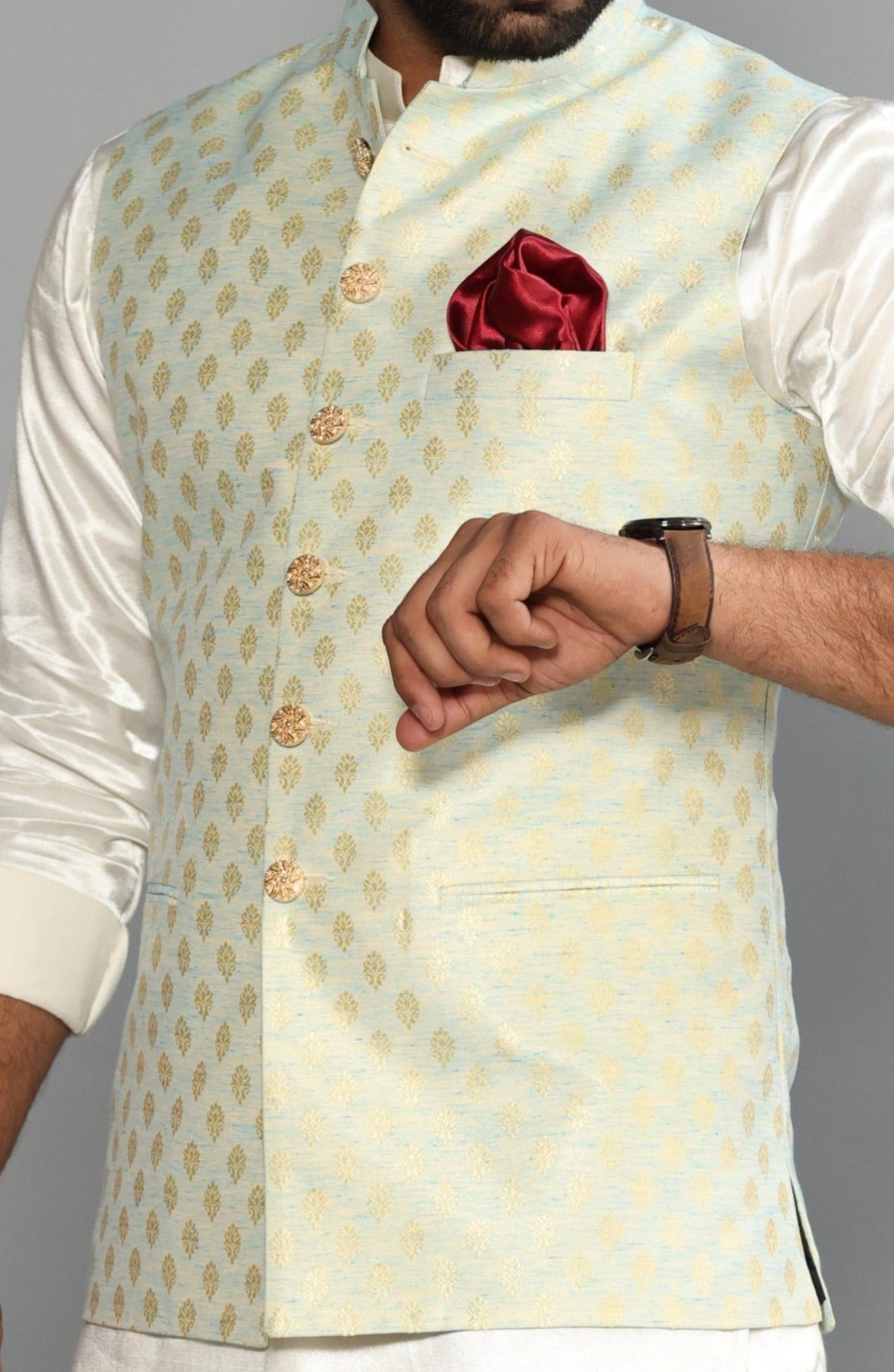 Tea Green Brocade Booti Pattern Nehru Jacket With Off White Silk Kurta Payjama-Handcrafted