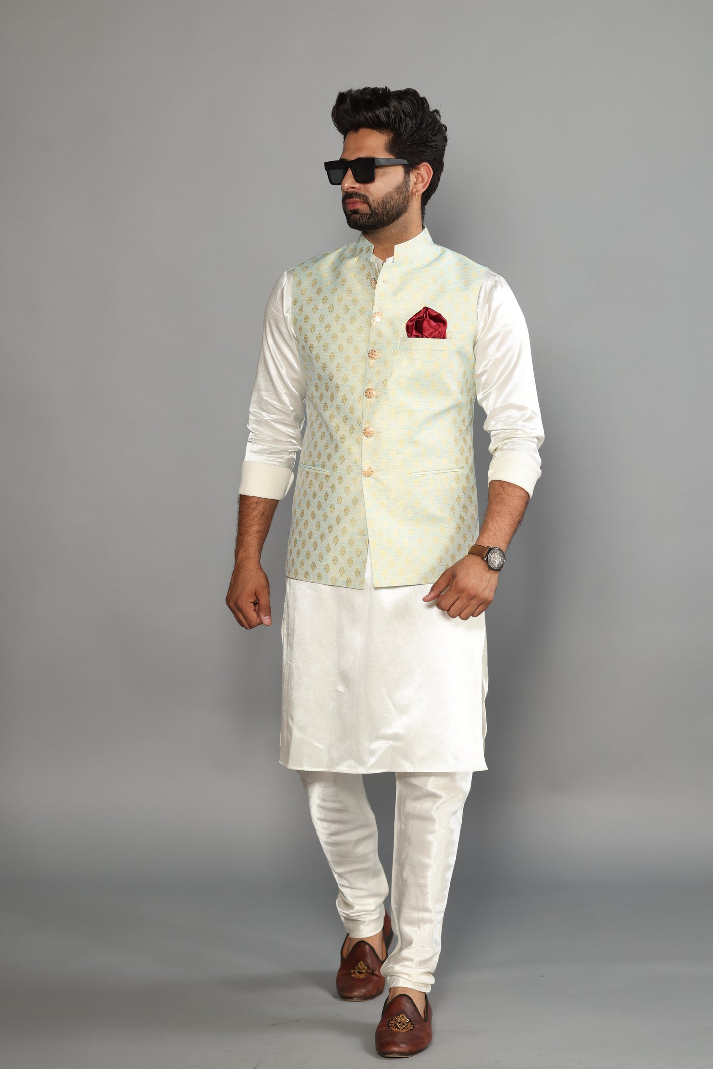 Tea Green Brocade Booti Pattern Nehru Jacket With Off White Silk Kurta Payjama-Handcrafted