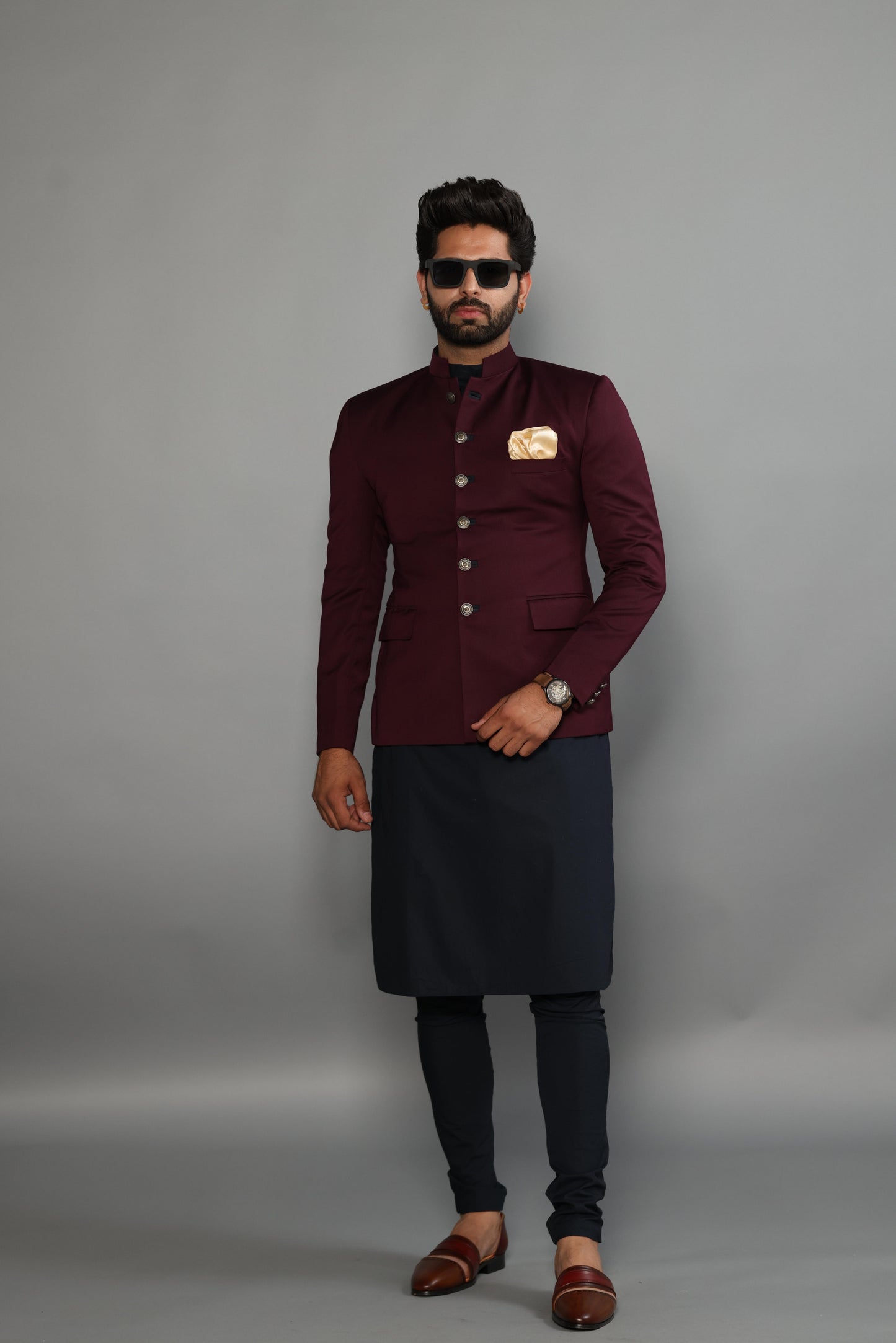 Wine Jodhpuri Bandhgala With Navy Blue Kurta Pyjama