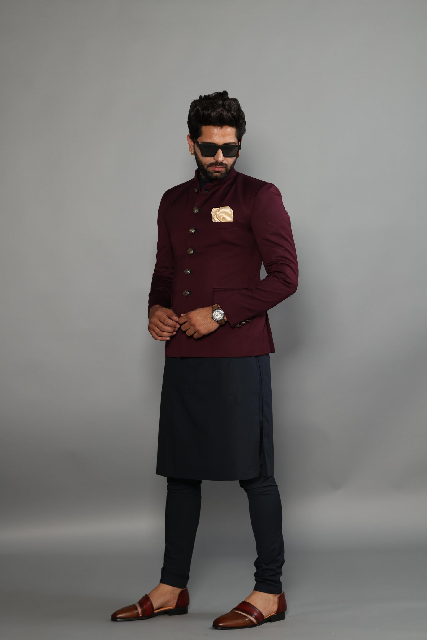 Wine Jodhpuri Bandhgala With Navy Blue Kurta Pyjama