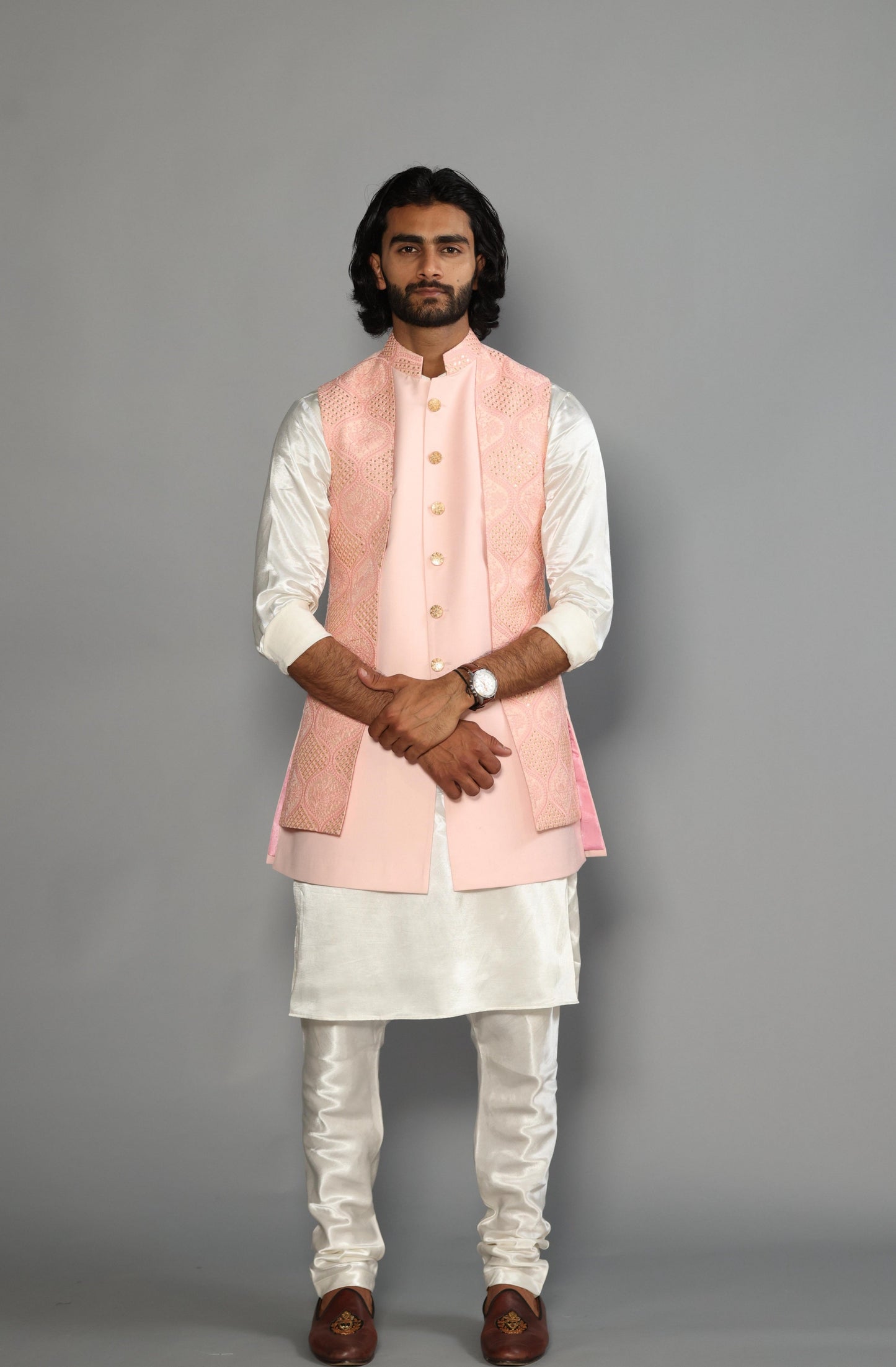 Pink Chikankari Embroidered Sequins Work Jacket With Off White Silk Kurta Payjama-Handcrafted