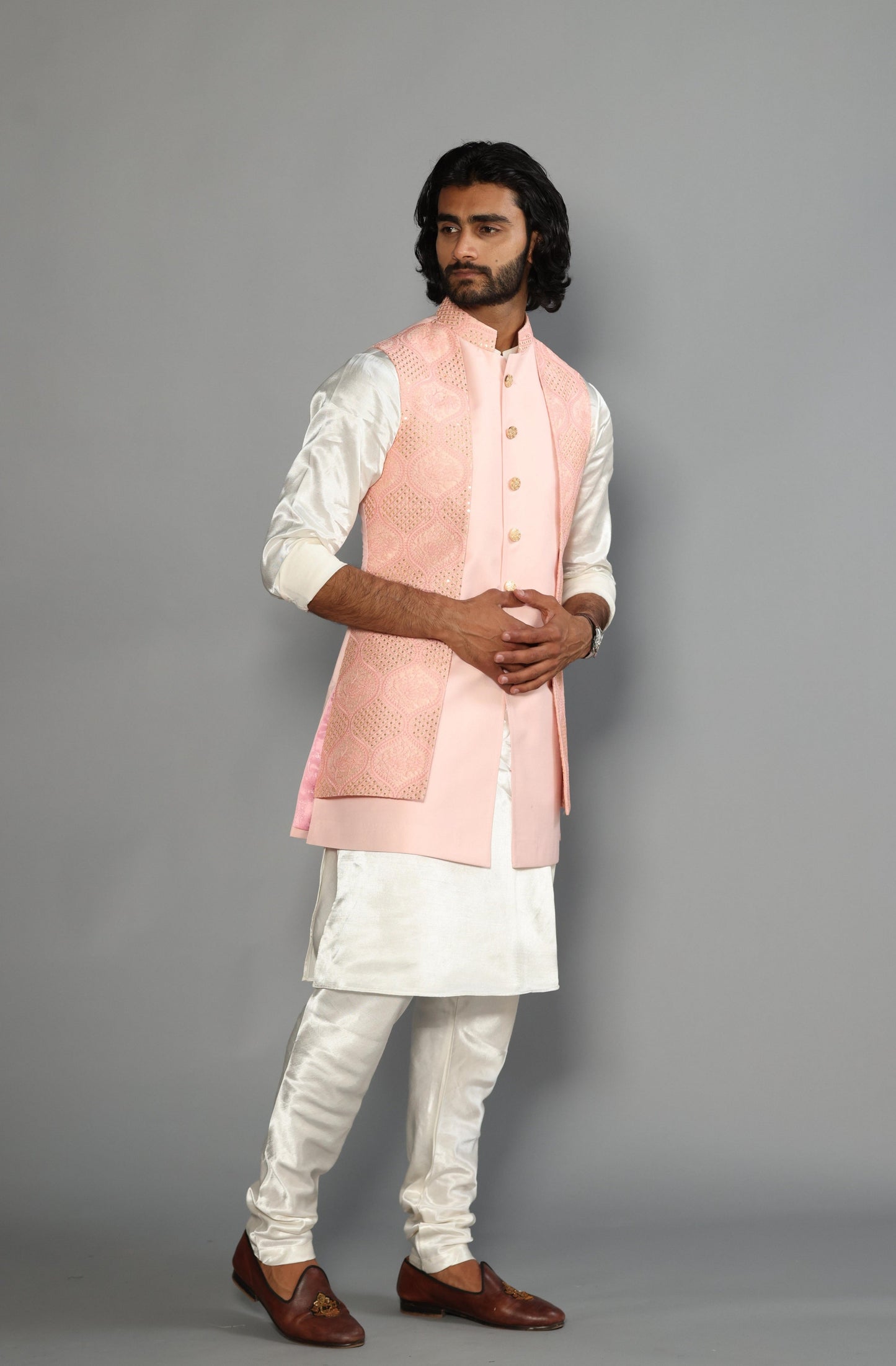 Pink Chikankari Embroidered Sequins Work Jacket With Off White Silk Kurta Payjama-Handcrafted