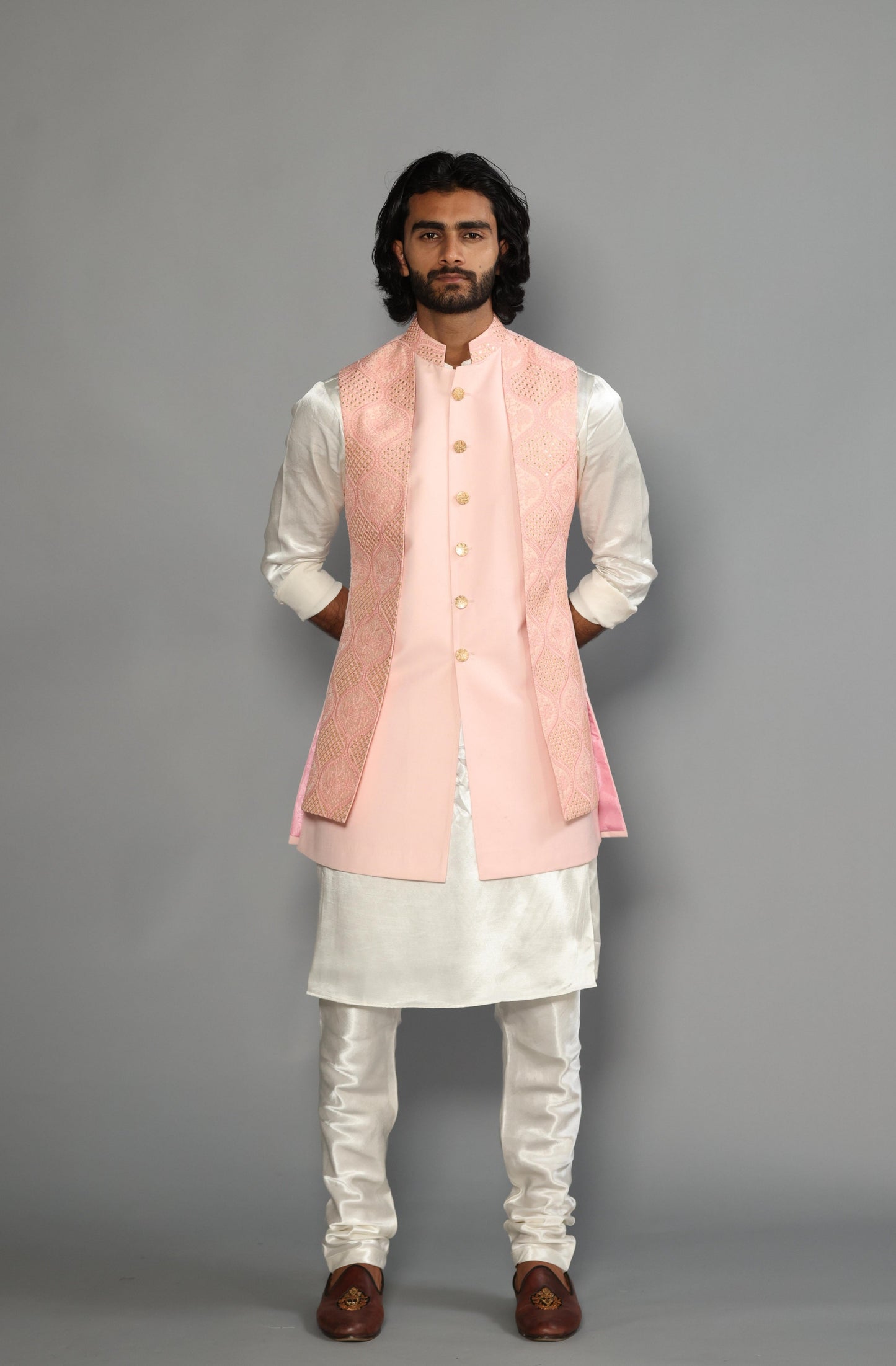 Pink Chikankari Embroidered Sequins Work Jacket With Off White Silk Kurta Payjama-Handcrafted