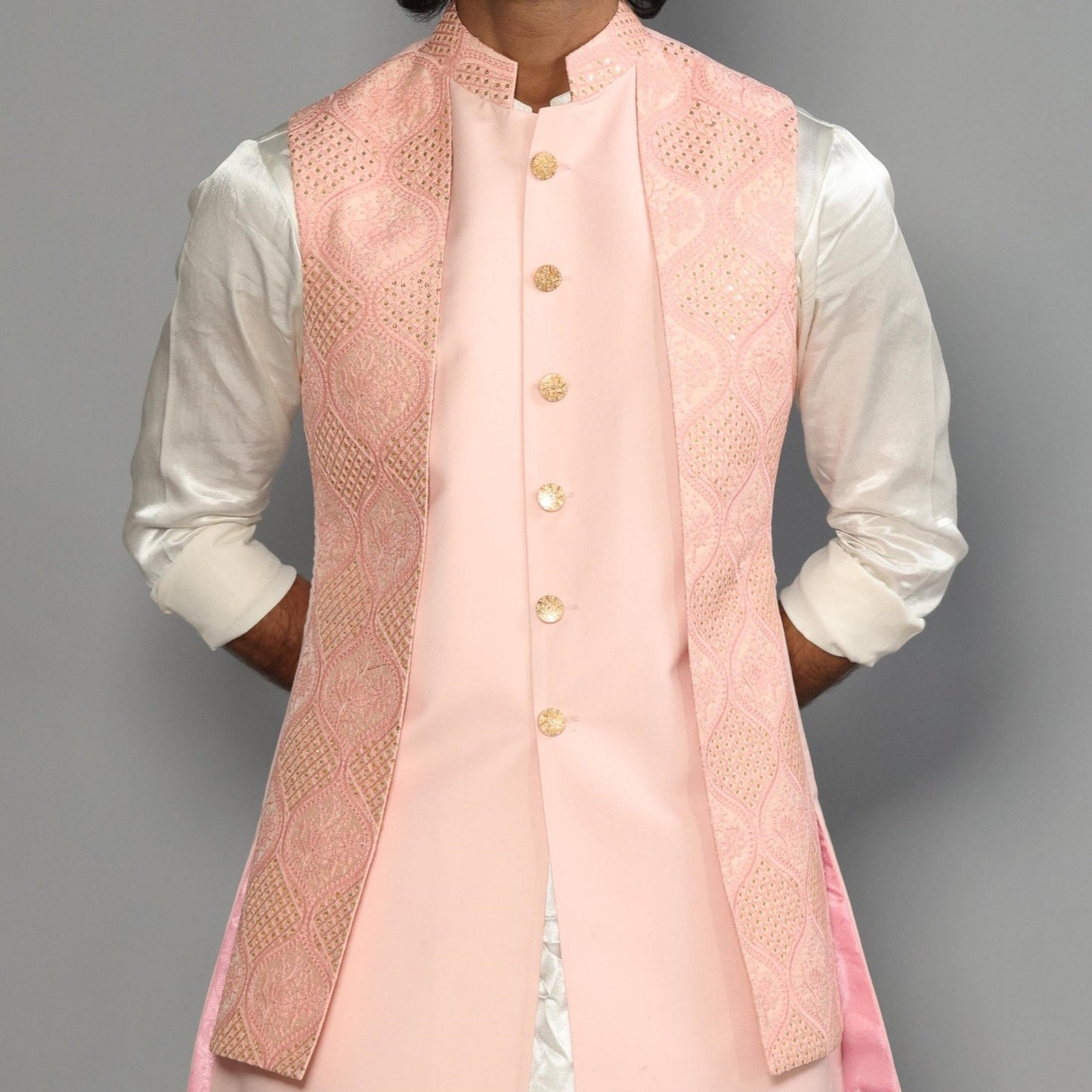 Pink Chikankari Embroidered Sequins Work Jacket With Off White Silk Kurta Payjama-Handcrafted