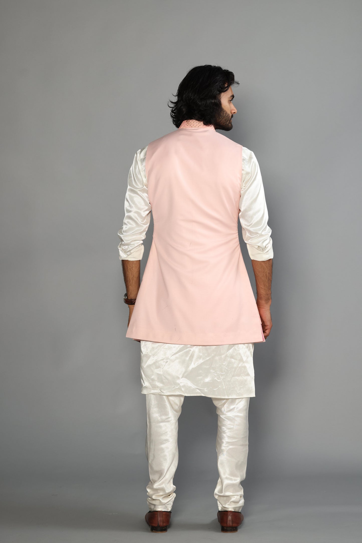 Pink Chikankari Embroidered Sequins Work Jacket With Off White Silk Kurta Payjama-Handcrafted