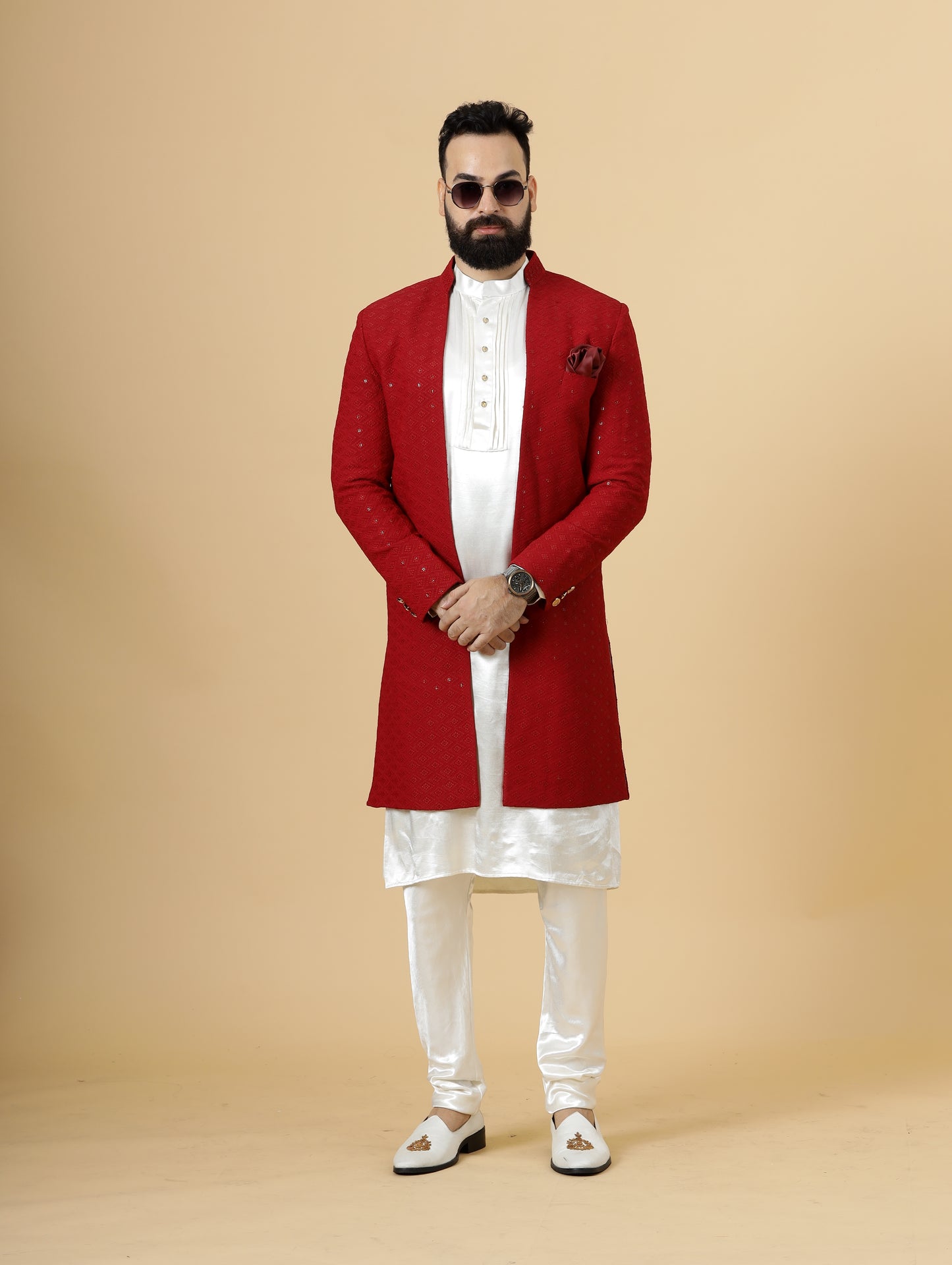 Stunning Red Chikankari Open Sherwani paired with Off-White Kurta Pajama for Men | Father Son Combo | Red- White Color | Chikankari Sherwani | Perfect for Grooms