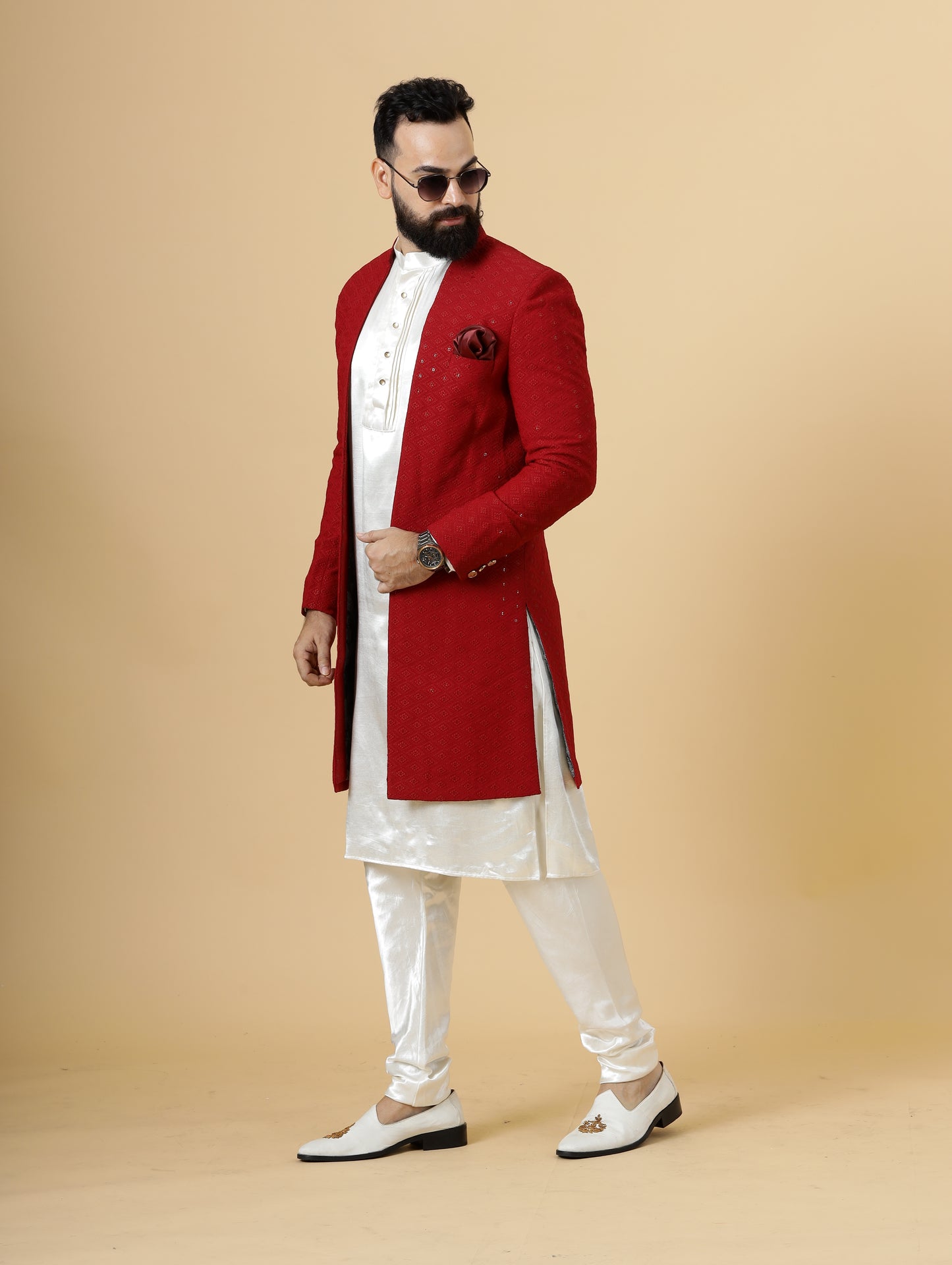 Stunning Red Chikankari Open Sherwani paired with Off-White Kurta Pajama for Men | Father Son Combo | Red- White Color | Chikankari Sherwani | Perfect for Grooms