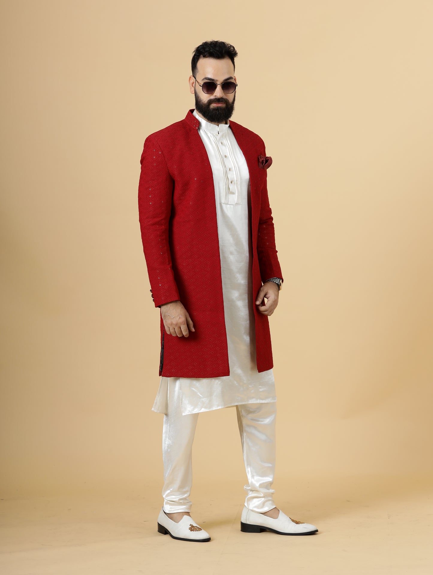 Stunning Red Chikankari Open Sherwani paired with Off-White Kurta Pajama for Men | Father Son Combo | Red- White Color | Chikankari Sherwani | Perfect for Grooms