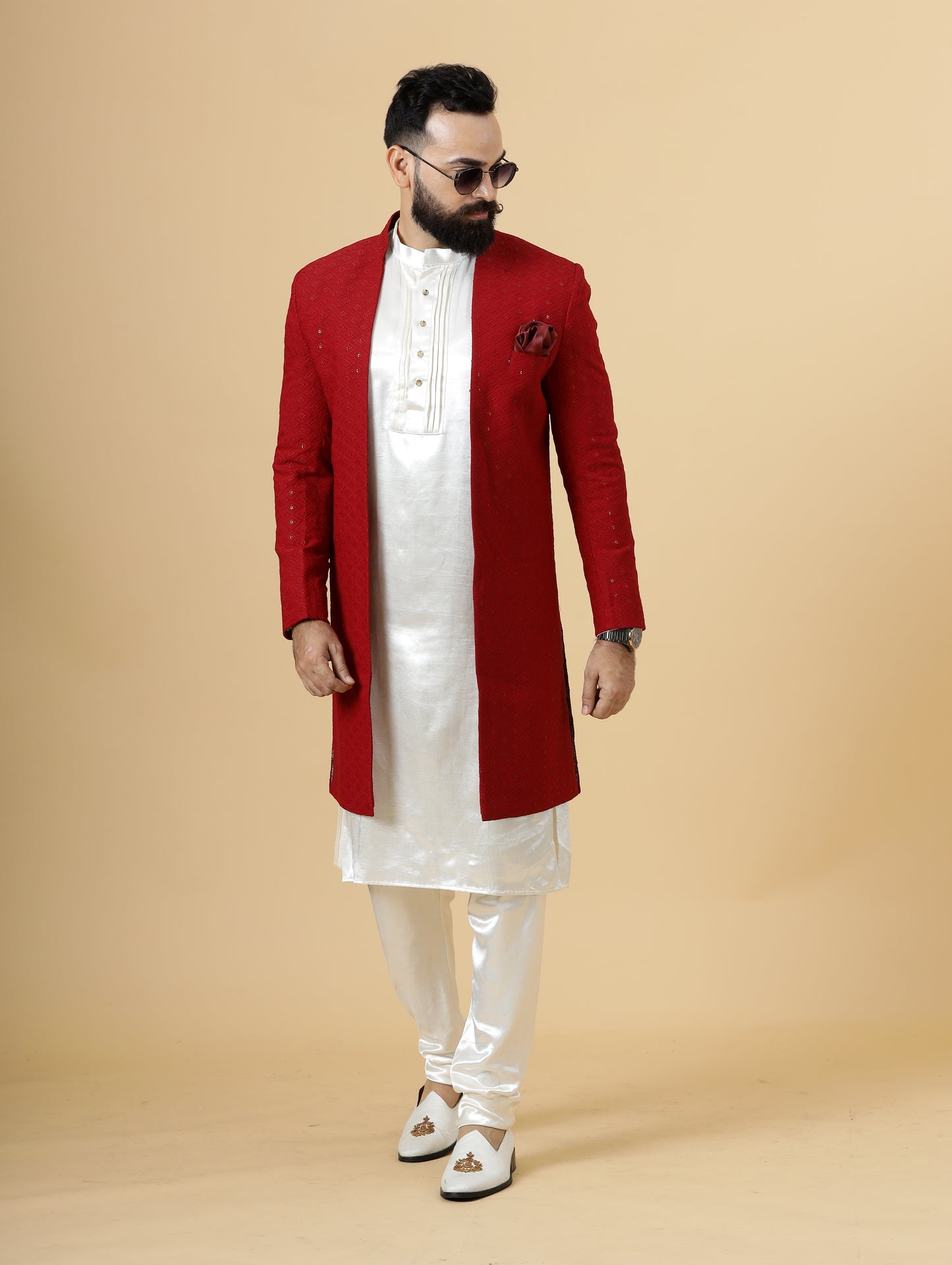 Stunning Red Chikankari Open Sherwani paired with Off-White Kurta Pajama for Men | Father Son Combo | Red- White Color | Chikankari Sherwani | Perfect for Grooms