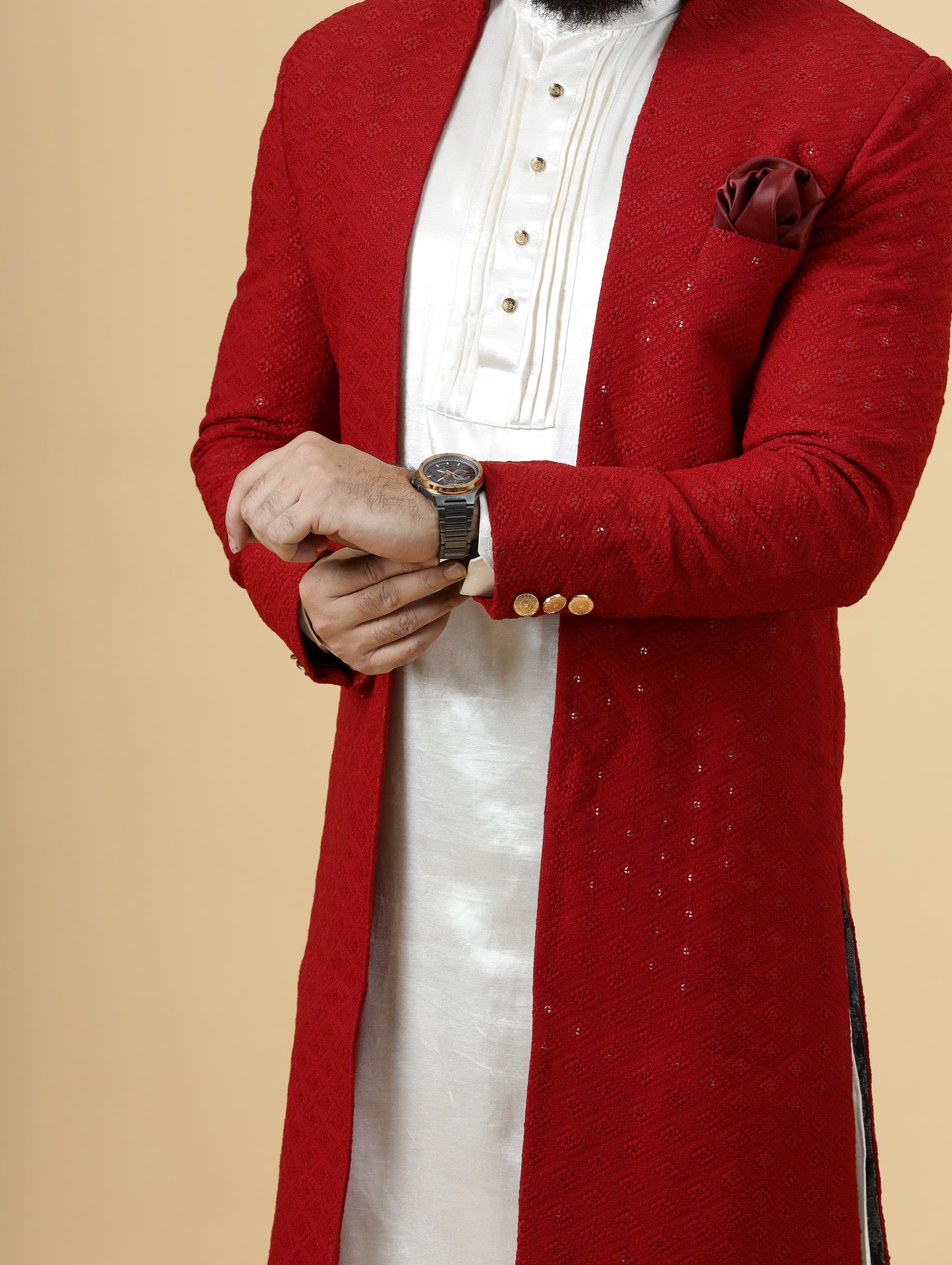 Stunning Red Chikankari Open Sherwani paired with Off-White Kurta Pajama for Men | Father Son Combo | Red- White Color | Chikankari Sherwani | Perfect for Grooms