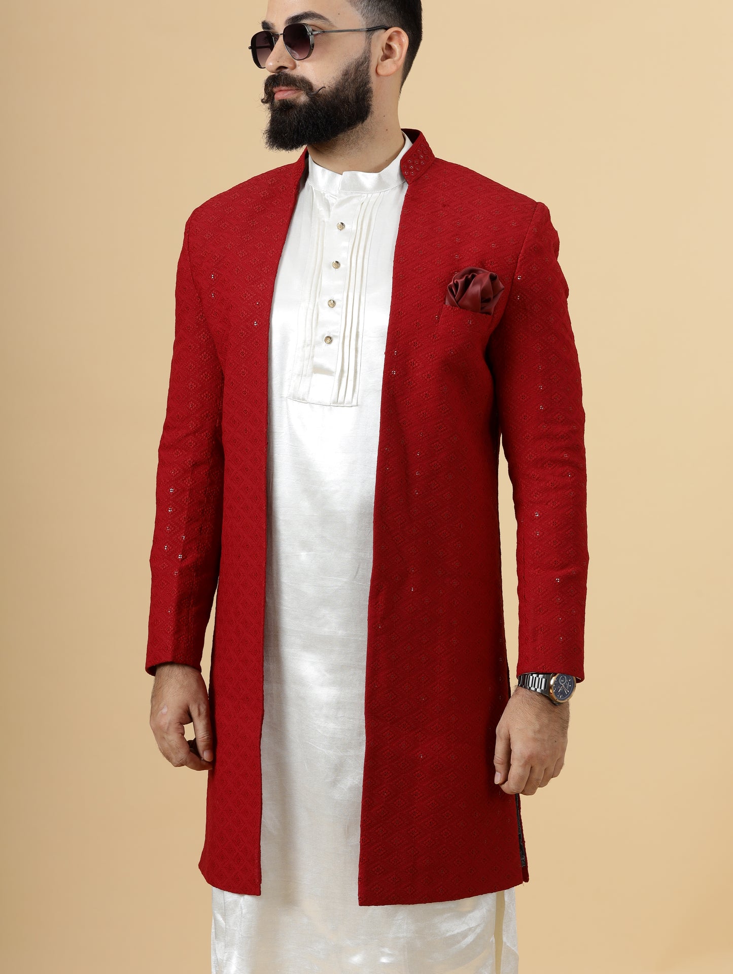 Stunning Red Chikankari Open Sherwani paired with Off-White Kurta Pajama for Men | Father Son Combo | Red- White Color | Chikankari Sherwani | Perfect for Grooms
