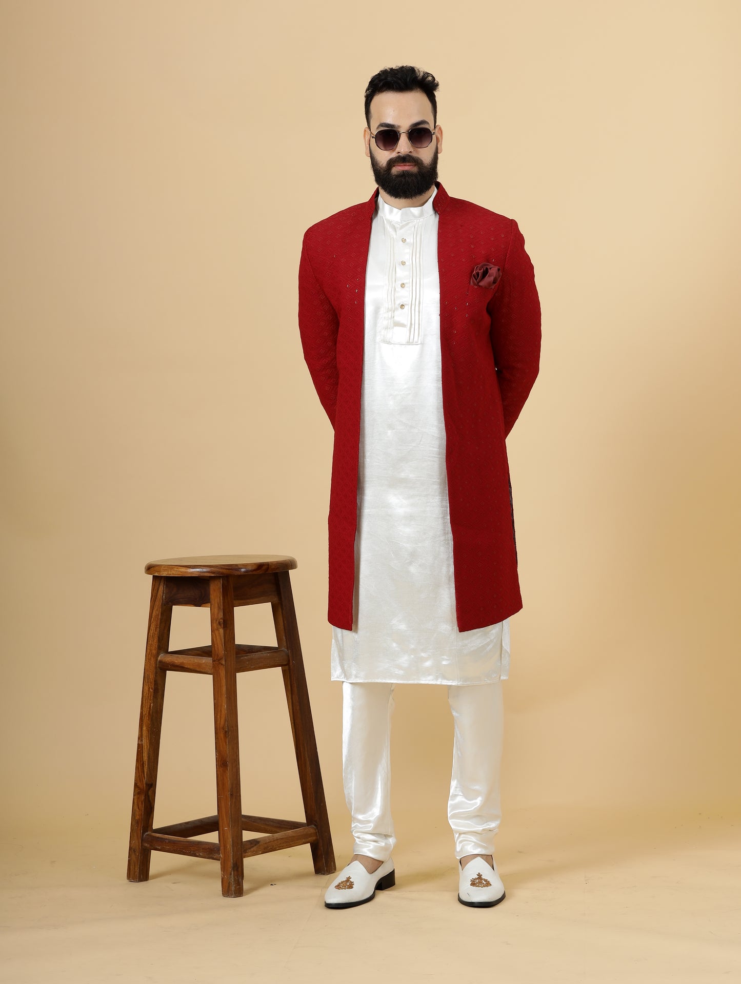 Stunning Red Chikankari Open Sherwani paired with Off-White Kurta Pajama for Men | Father Son Combo | Red- White Color | Chikankari Sherwani | Perfect for Grooms
