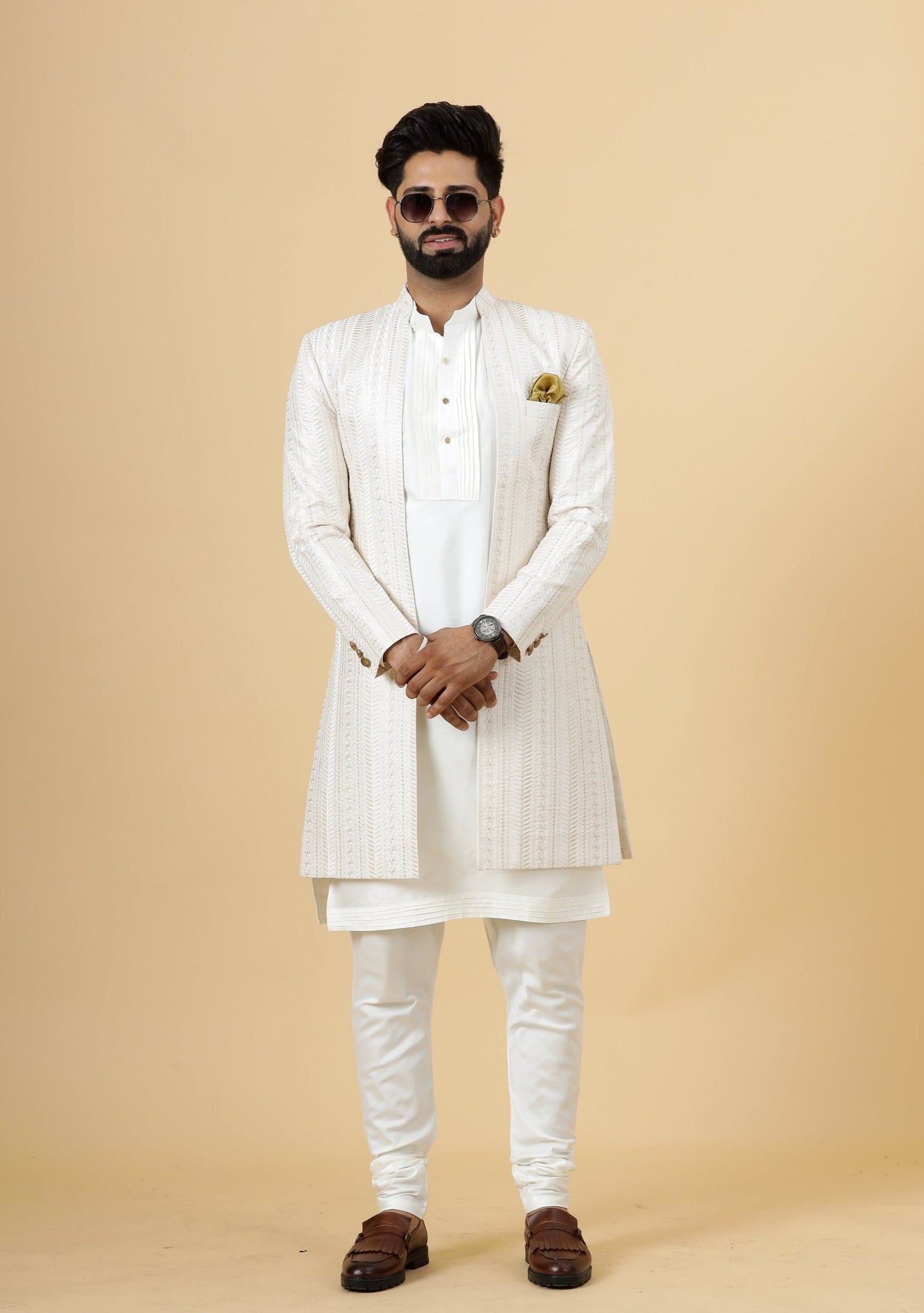Alluring Thread Embroidered Off-White Open Sherwani for Men | Father Son Combo | Off-White Color |Off-White Sherwani | Perfect for Grooms