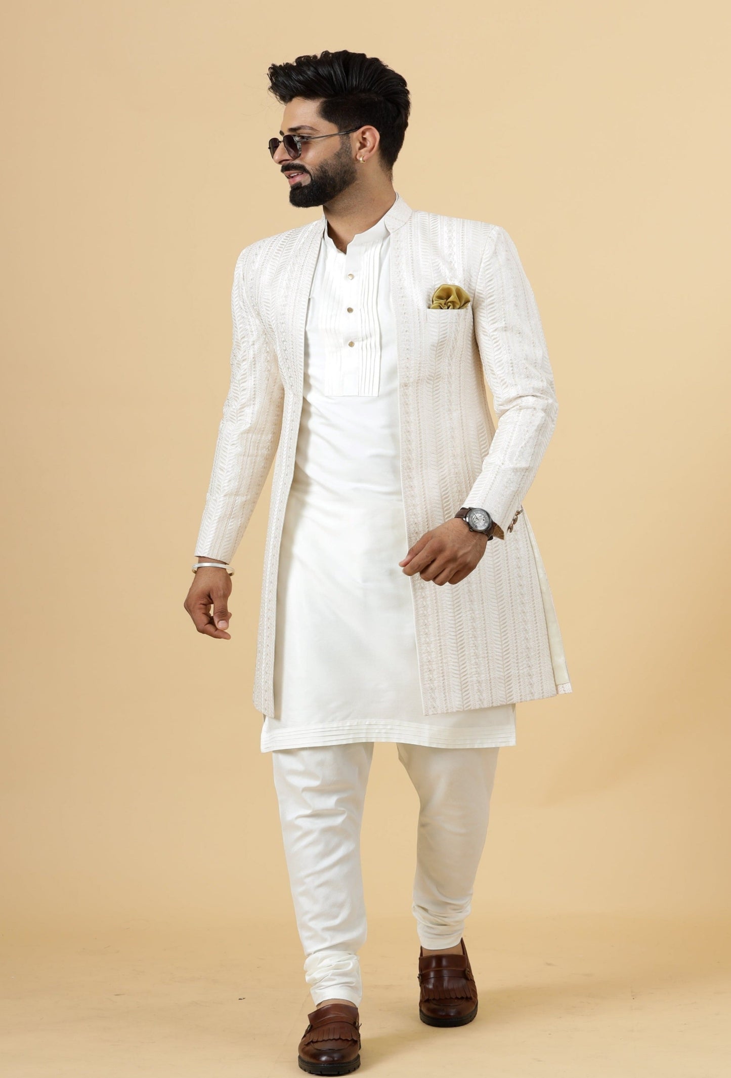 Alluring Thread Embroidered Off-White Open Sherwani for Men | Father Son Combo | Off-White Color |Off-White Sherwani | Perfect for Grooms