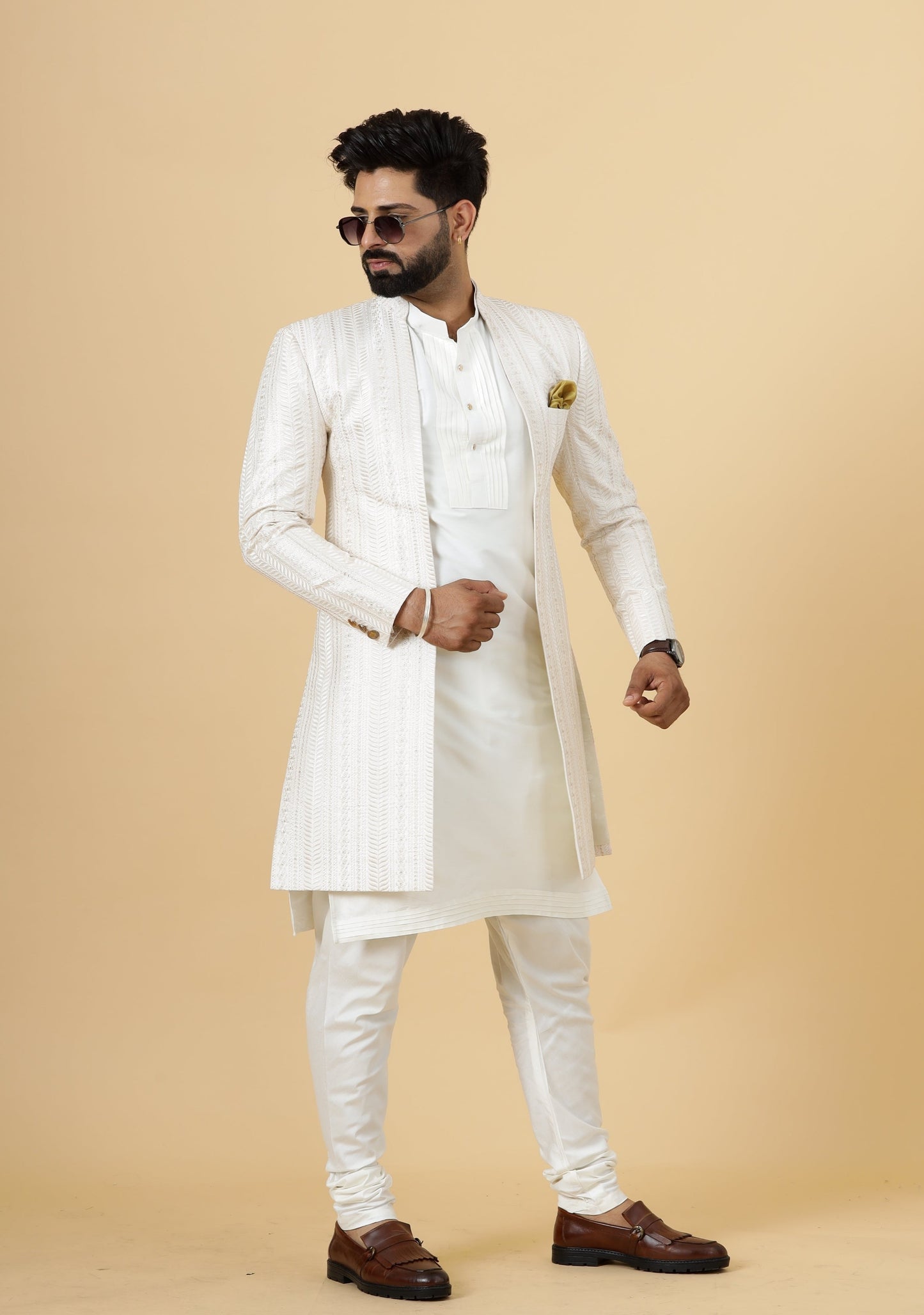 Alluring Thread Embroidered Off-White Open Sherwani for Men | Father Son Combo | Off-White Color |Off-White Sherwani | Perfect for Grooms