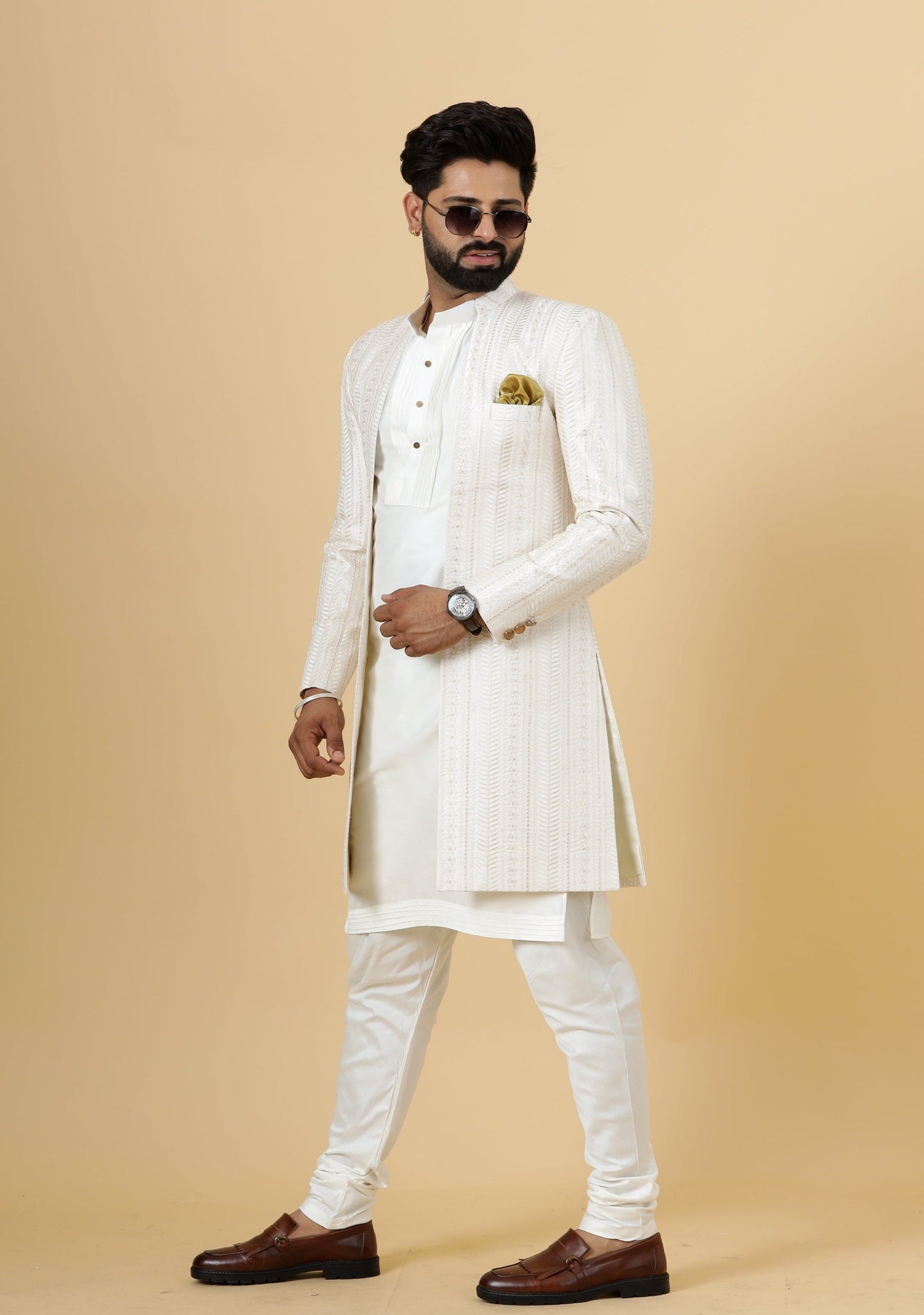 Alluring Thread Embroidered Off-White Open Sherwani for Men | Father Son Combo | Off-White Color |Off-White Sherwani | Perfect for Grooms