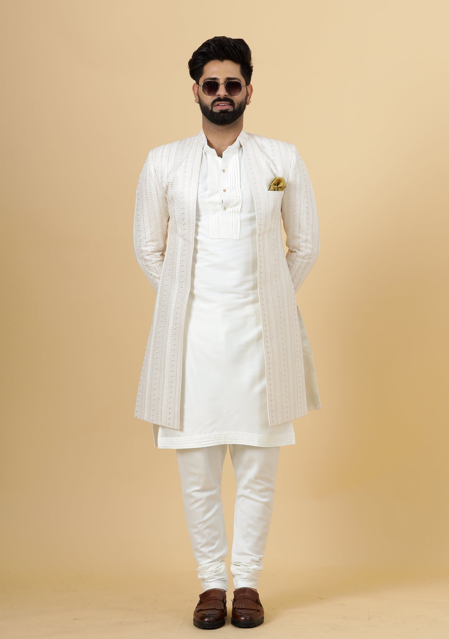 Alluring Thread Embroidered Off-White Open Sherwani for Men | Father Son Combo | Off-White Color |Off-White Sherwani | Perfect for Grooms