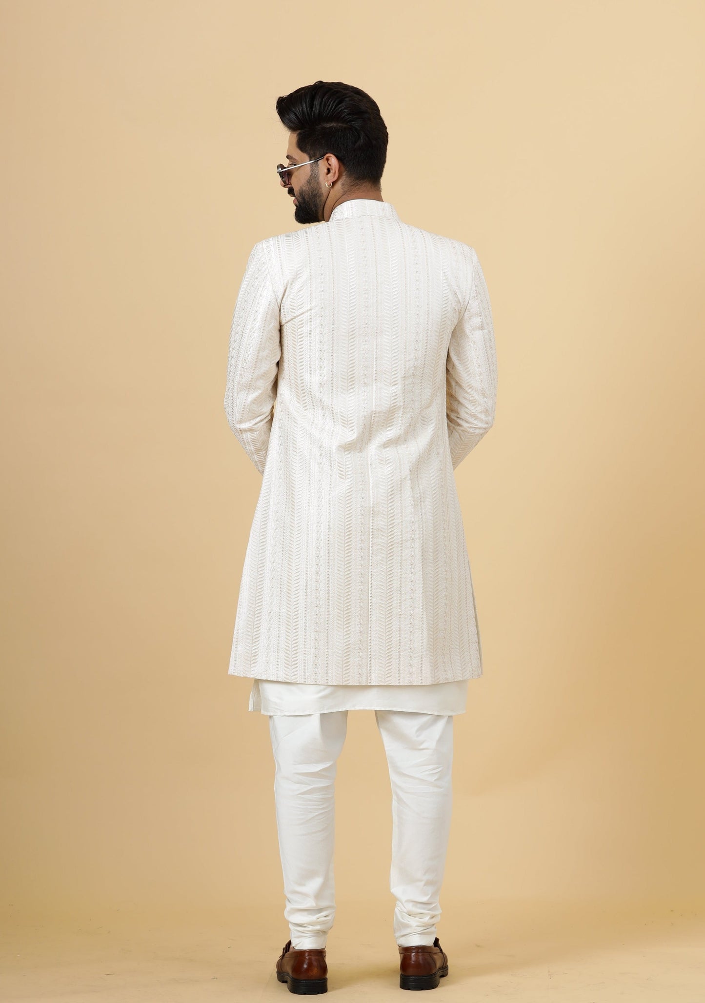 Alluring Thread Embroidered Off-White Open Sherwani for Men | Father Son Combo | Off-White Color |Off-White Sherwani | Perfect for Grooms
