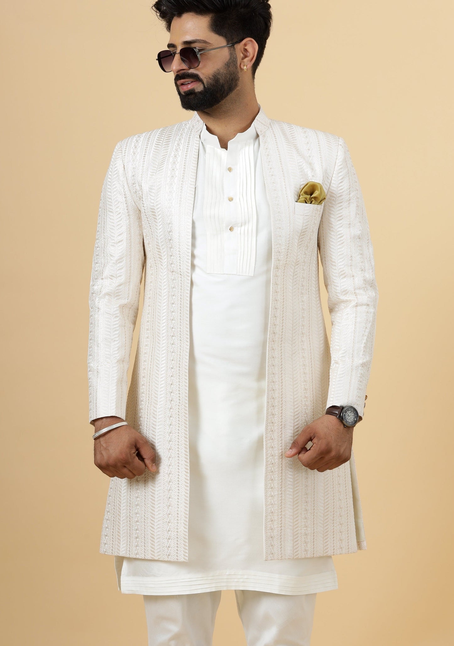 Alluring Thread Embroidered Off-White Open Sherwani for Men | Father Son Combo | Off-White Color |Off-White Sherwani | Perfect for Grooms